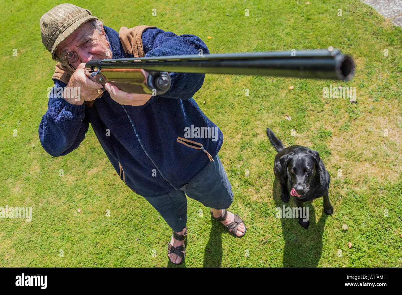 Sussex, UK. 12 Aug, 2017. Die glorreiche 12 und Kevin feiert seinen 88. Geburtstag mit Gewehr und Hund. Credit: Guy Bell/Alamy leben Nachrichten Stockfoto