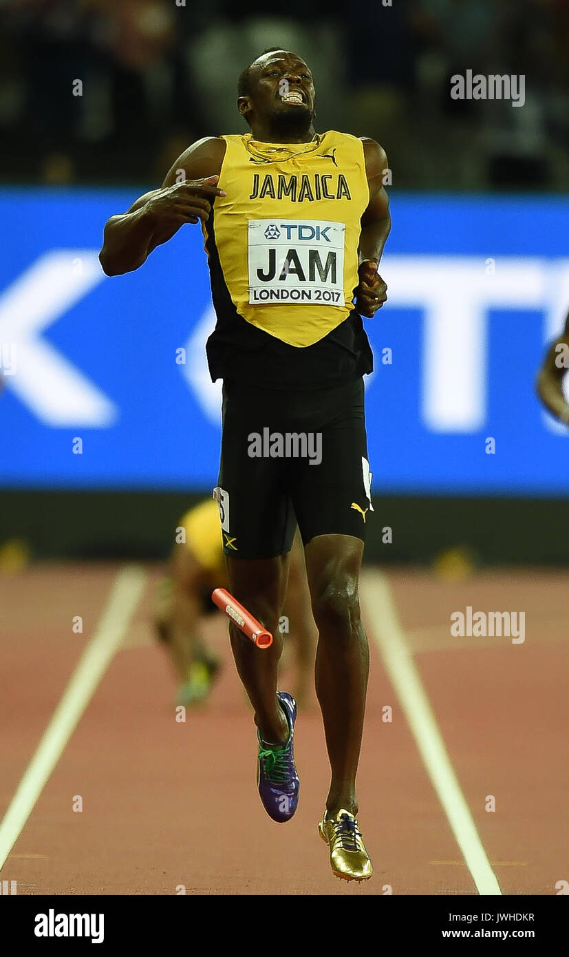 London, Großbritannien. 12 Aug, 2017. Usain Bolt aus Jamaika, konkurrieren in seinem letzten Rennen in der 4 mal 100 Meter Finale in London 2017 IAAF Weltmeisterschaften in der Leichtathletik. Credit: Ulrik Pedersen/Alamy leben Nachrichten Stockfoto