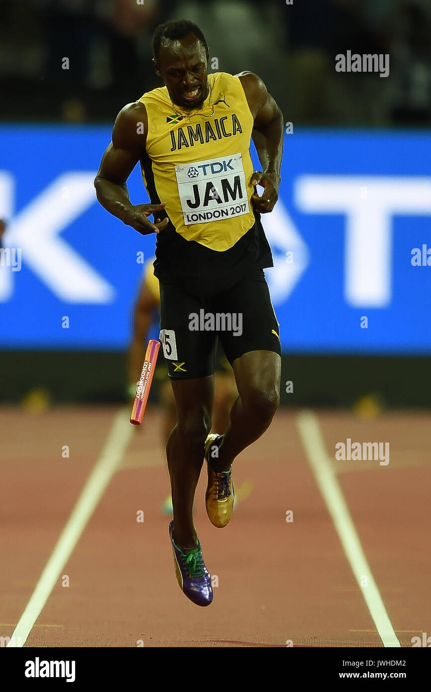 London, Großbritannien. 12 Aug, 2017. Usain Bolt aus Jamaika, konkurrieren in seinem letzten Rennen in der 4 mal 100 Meter Finale in London 2017 IAAF Weltmeisterschaften in der Leichtathletik. Credit: Ulrik Pedersen/Alamy leben Nachrichten Stockfoto