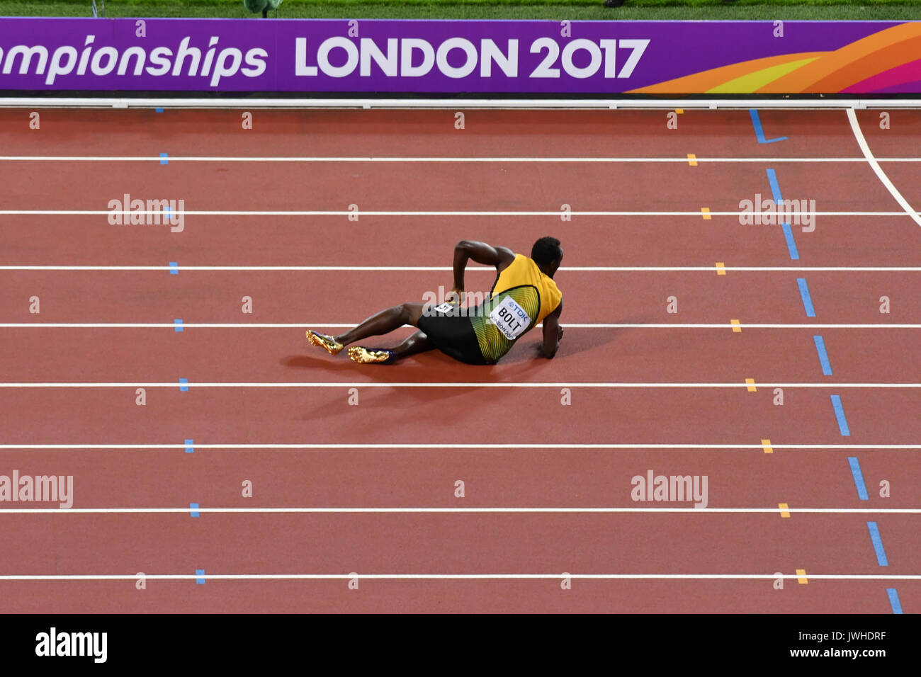Queen Elizabeth Park, London, UK. 12 Aug, 2017. IAAF Weltmeisterschaften. Tag 9. TMen der 4 x 100 m Relais endgültig. Usain Bolt zieht sich verletzt. Quelle: Matthew Chattle/Alamy leben Nachrichten Stockfoto