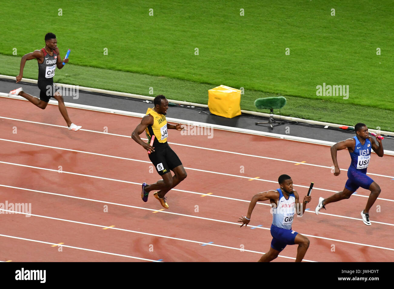 Queen Elizabeth Park, London, UK. 12 Aug, 2017. IAAF Weltmeisterschaften. Tag 9. Herren 4x100-Meter-Staffel endgültig. Usain Bolt zieht sich verletzt. Quelle: Matthew Chattle/Alamy leben Nachrichten Stockfoto