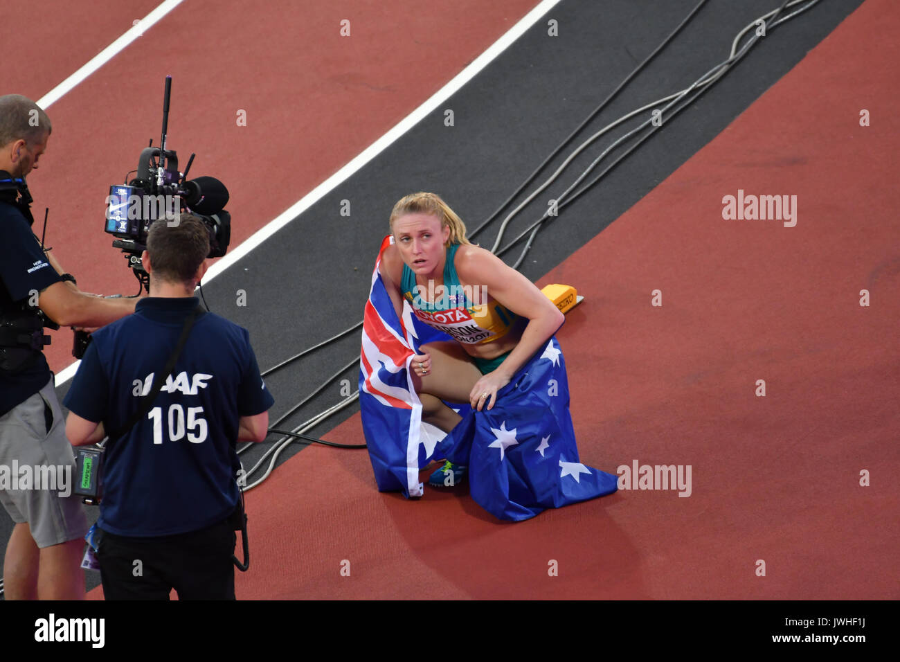 Queen Elizabeth Park, London, UK. 12. August 2017. IAAF Weltmeisterschaften. Tag 9. Frauen, Frauen 100 m Hürden Finale. Sally Pearson (AUS) Stockfoto