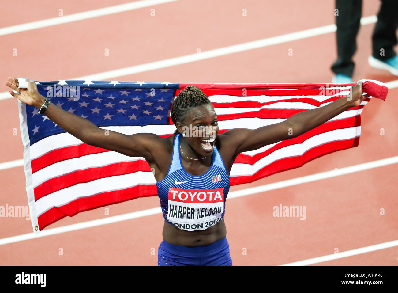 London, Großbritannien. 12 Aug, 2017. Dawn Harper Nelson, USA, Silbermedaille bei den Frauen in 100 m Hürden Finale am Tag neun der IAAF London 2017 Weltmeisterschaften am London Stadion. Credit: Paul Davey/Alamy leben Nachrichten Stockfoto