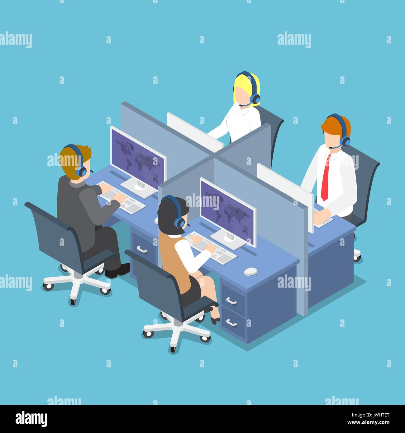 Wohnung 3 d Isometrische Geschäftsleute arbeiten mit Headset in einem Call Center und Service. Kundendienst und technischer Support Konzept. Stock Vektor