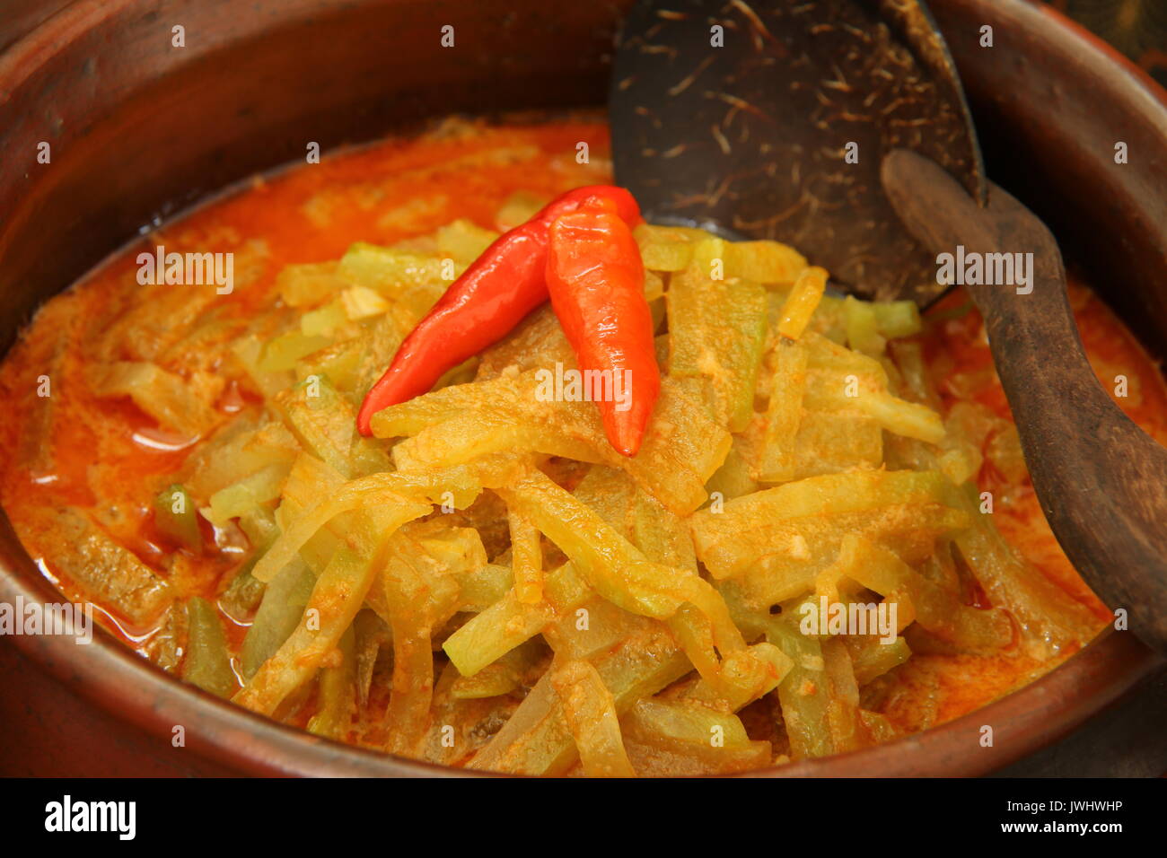Sambal Goreng Labu Siam. Javanisch würzige Soße der Chayote Squash. In der traditionellen Tontopf mit Kokosnuss serviert - shell Schöpfkelle. Stockfoto
