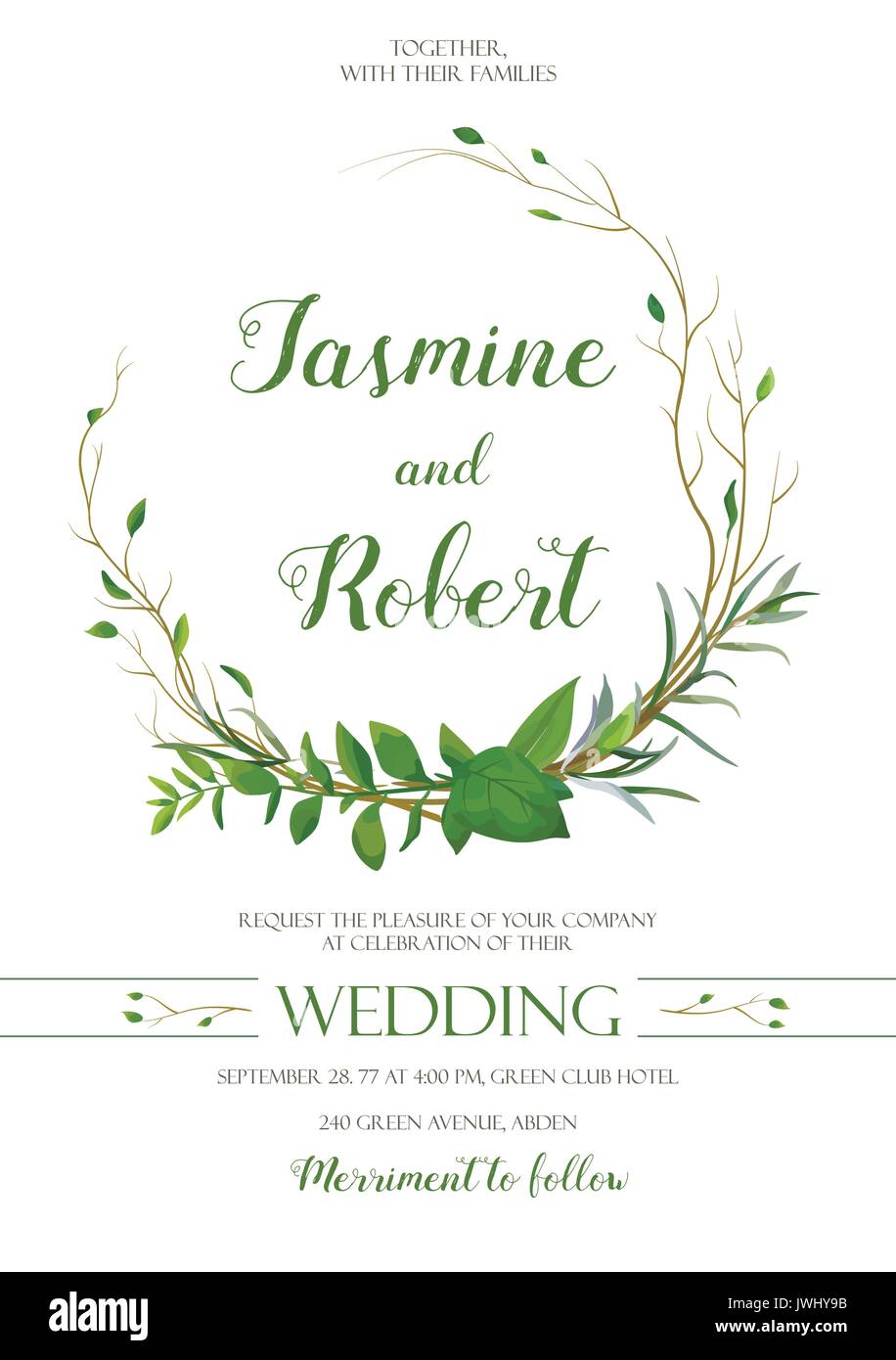 Hochzeit Einladung, Einladung Karte Kranz Design mit Willow Eukalyptusbaum, grünes Blatt grasartige Pflanze Zweige grün Mix Frame Komposition. Vektor elega Stock Vektor