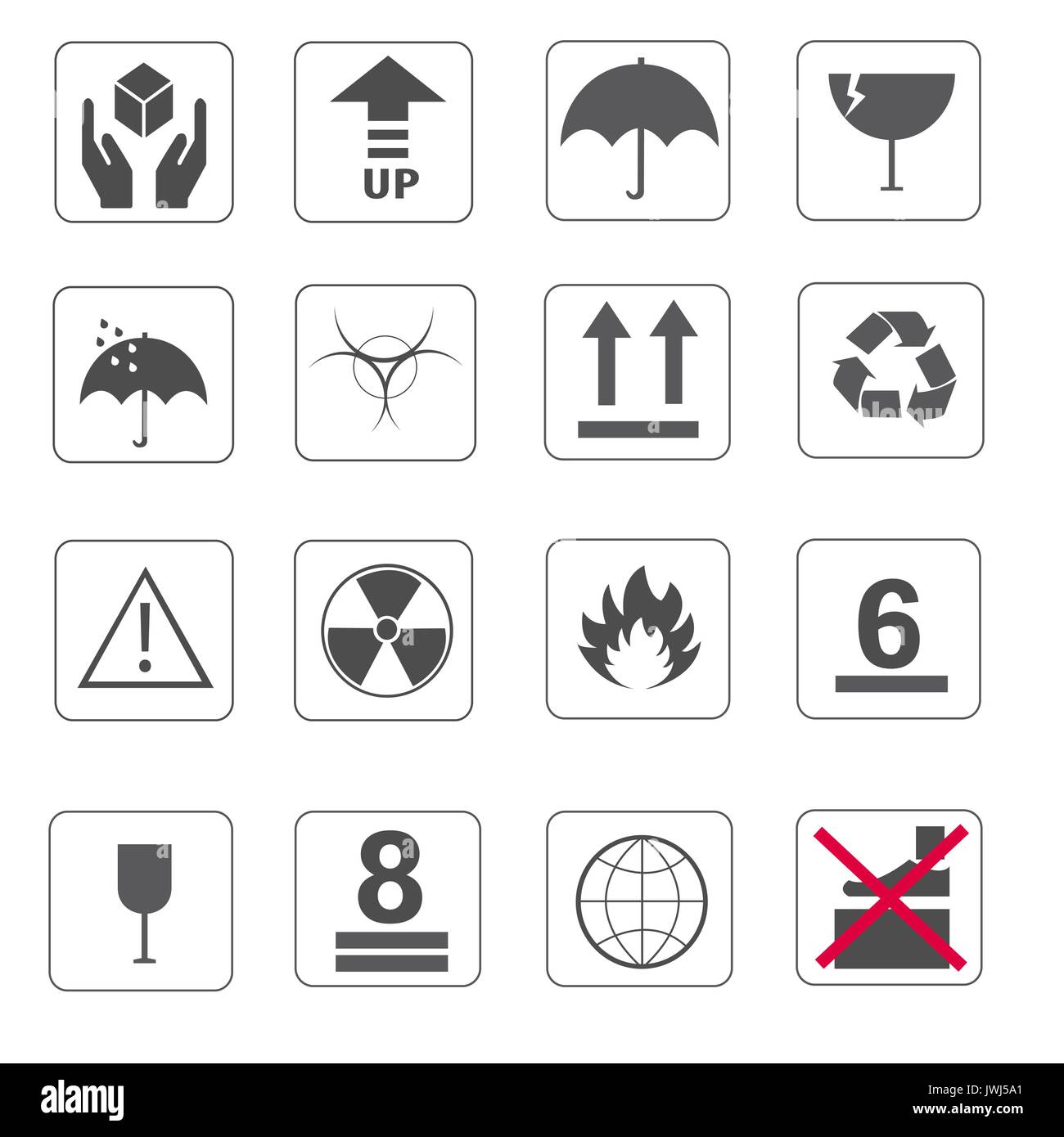 Fragile Symbol und Symbol der Verpackung Icons Set Vector Stockfoto