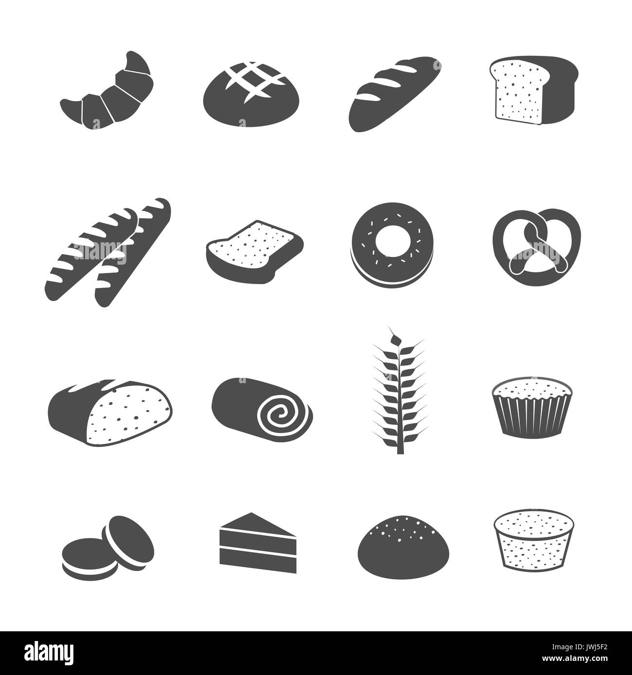 Bäckerei, Backwaren und Brot Icons Set Vector Stockfoto