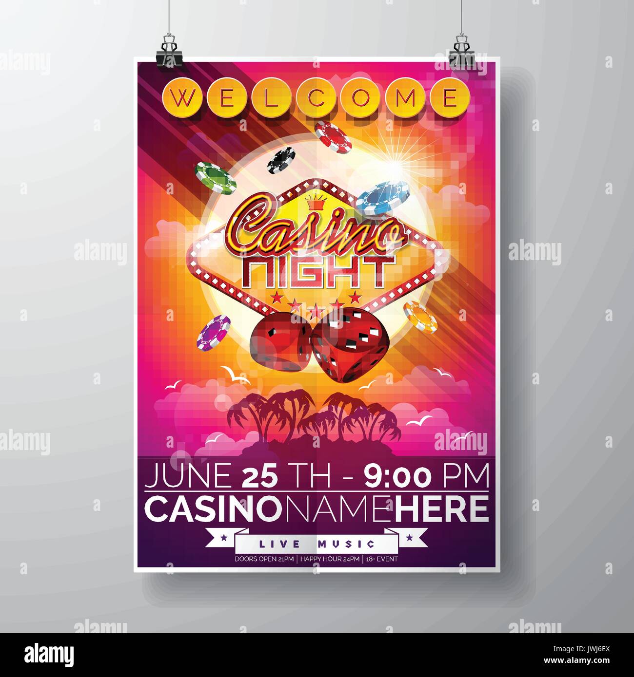 Vektor Party Flyer Design auf ein Casino Thema mit Chips und Würfel am Ocean Landschaft Hintergrund. Eps 10 Abbildung. Stock Vektor