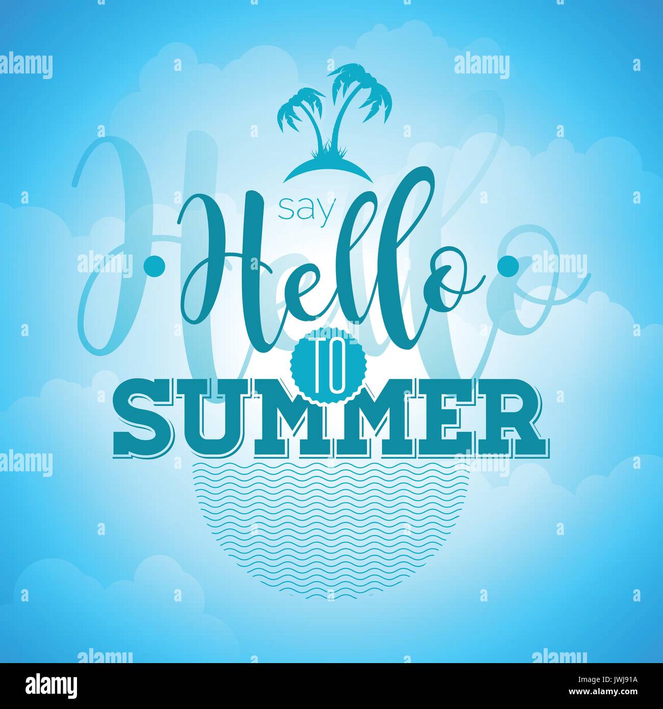 Sagen Sie hallo zu Summer Inspiration Zitat auf und blauer Himmel. Vektor Typografie Design Element für Grußkarten und Poster. Eps 10 Abbildung. Stock Vektor