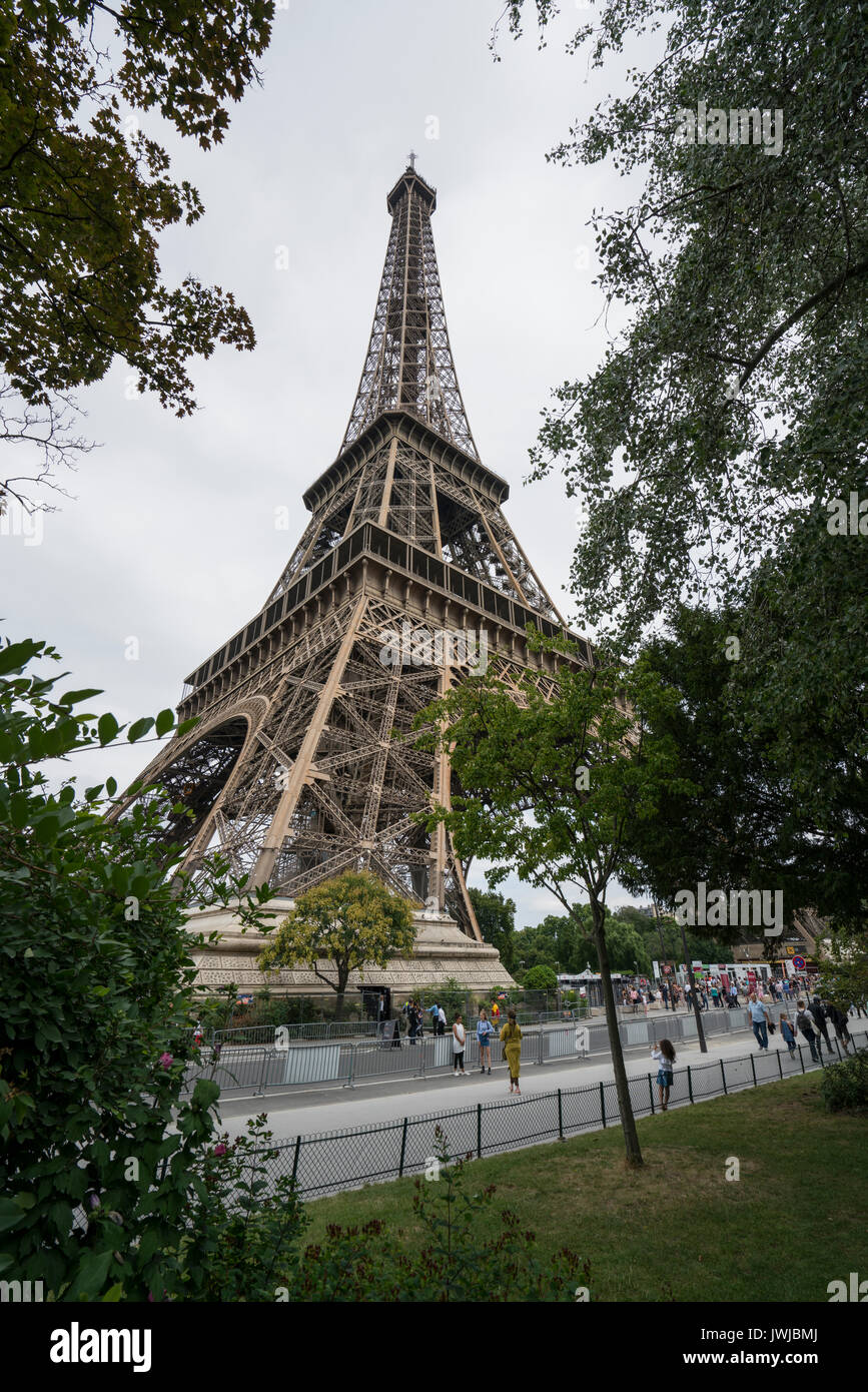 Der Eiffelturm zwischen den Bäumen Stockfoto