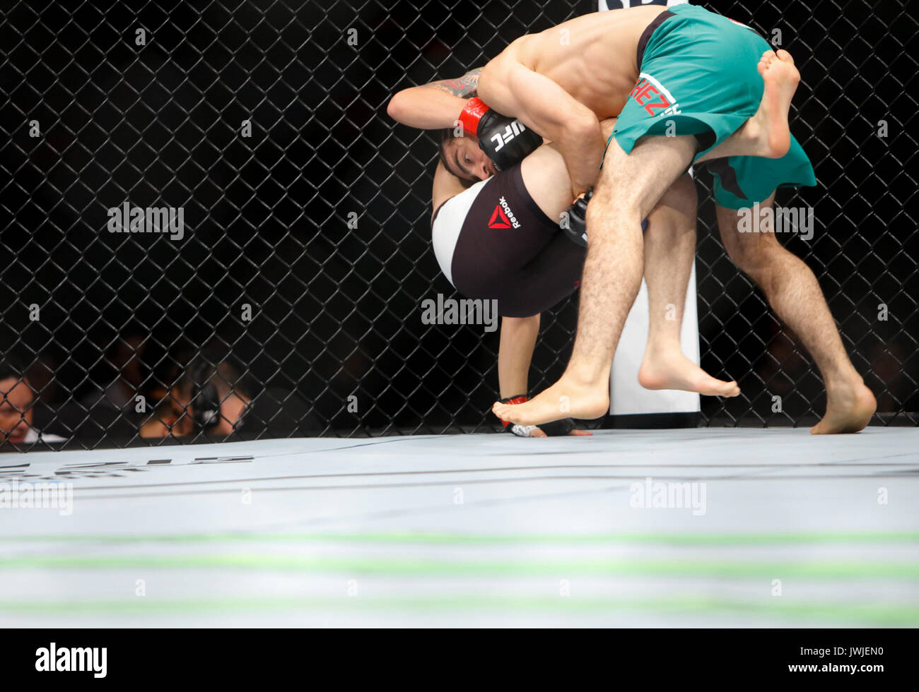 Joseph Morales nimmt Roberto Sanchez bei UFC Nacht 114 in Mexiko City, Mexiko Kampf Stockfoto