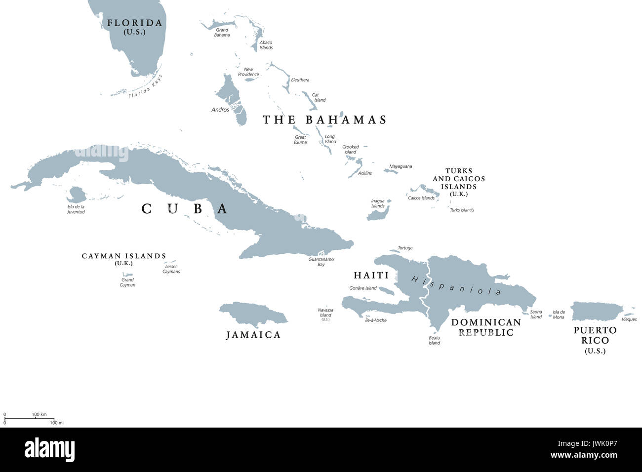 Großen Antillen politische Karte mit englischer Beschriftung. Die Gruppierung der größeren Inseln im Karibischen Meer mit Kuba, Hispaniola, Puerto Rico, Jamaika. Stockfoto