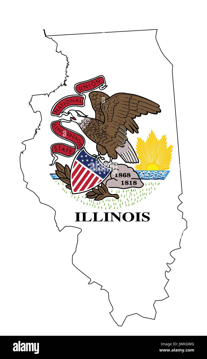 Der Umriß der USA Bundesstaat Illinois über einen weißen Hintergrund mit Flagge Stock Vektor