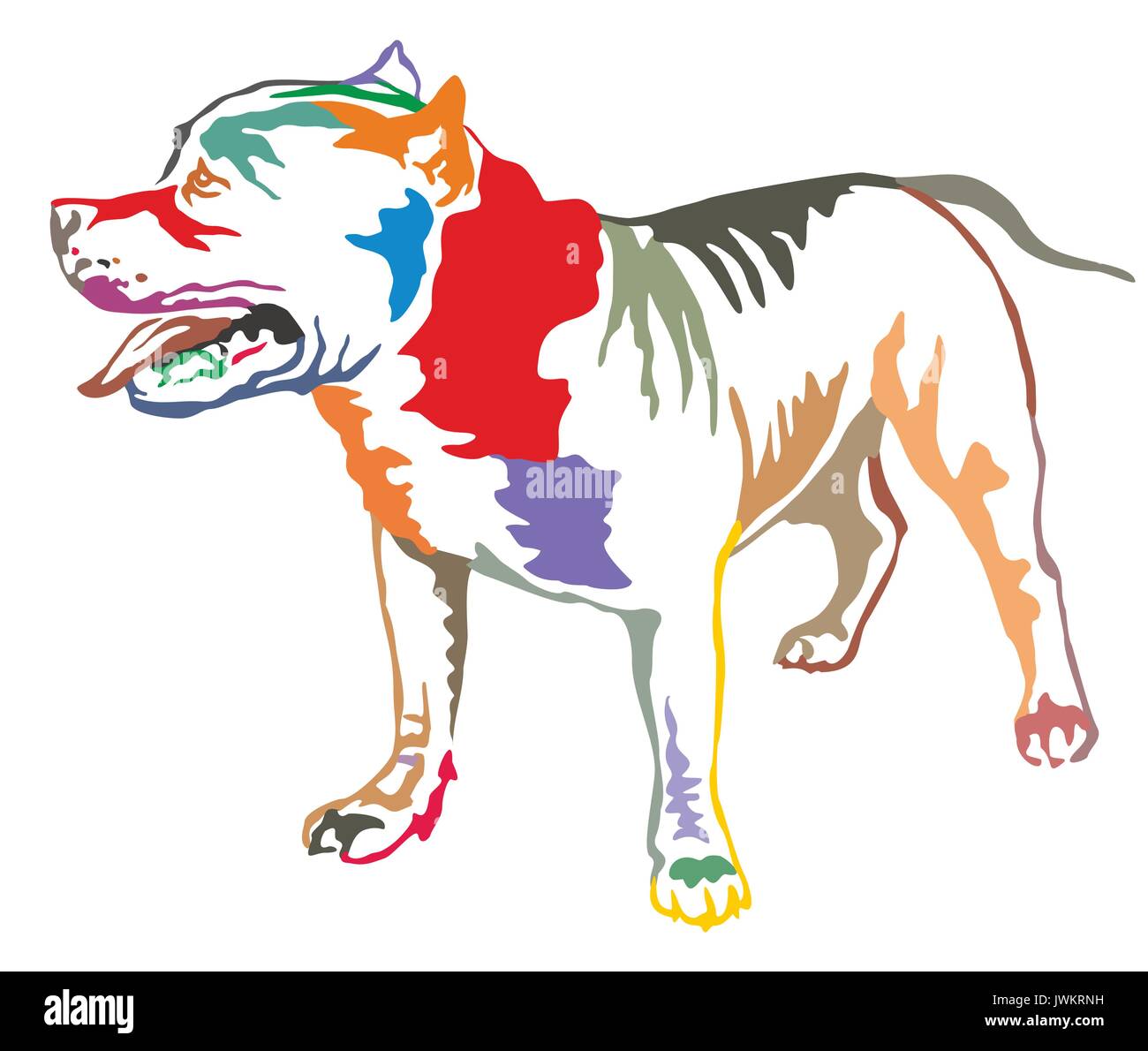 Bunt dekorativ Portrait von ständigen im Profil die amerikanische Grube Stier Terrier, Vektor isoliert Abbildung auf weißem Hintergrund Stock Vektor