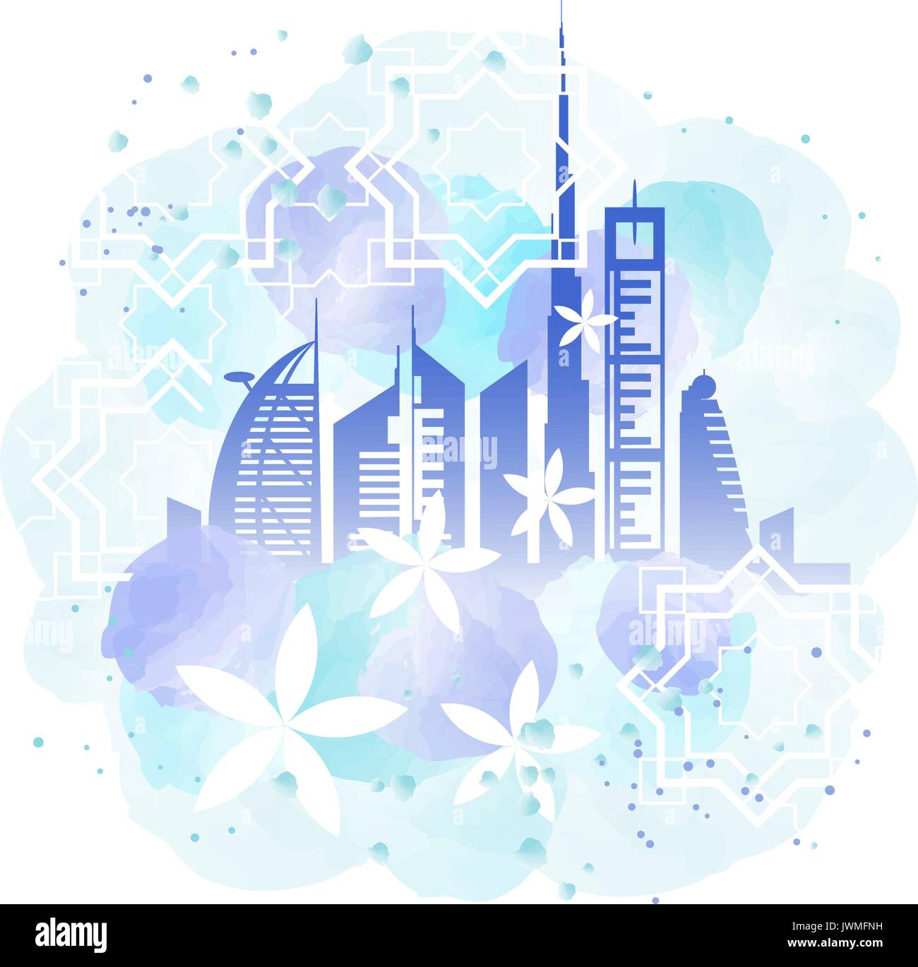 Dubai Stadt mit Wolkenkratzern und Wahrzeichen der Aquarellmalerei Vector Illustration Stock Vektor