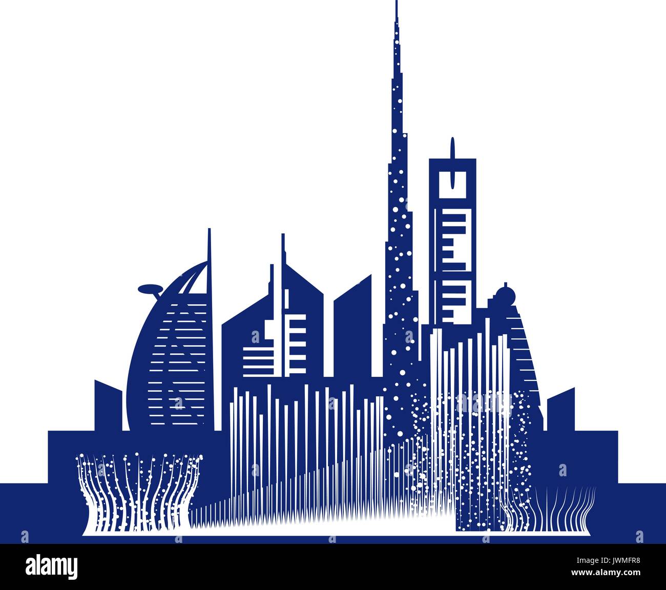 Dubai Stadt mit Wolkenkratzern und Wahrzeichen und Brunnen Vector Illustration Stock Vektor