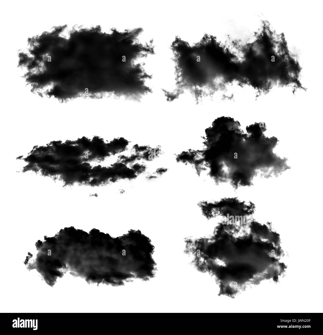Satz von schwarzen Wolken, Nebel oder Rauch auf weißem Hintergrund Stockfoto
