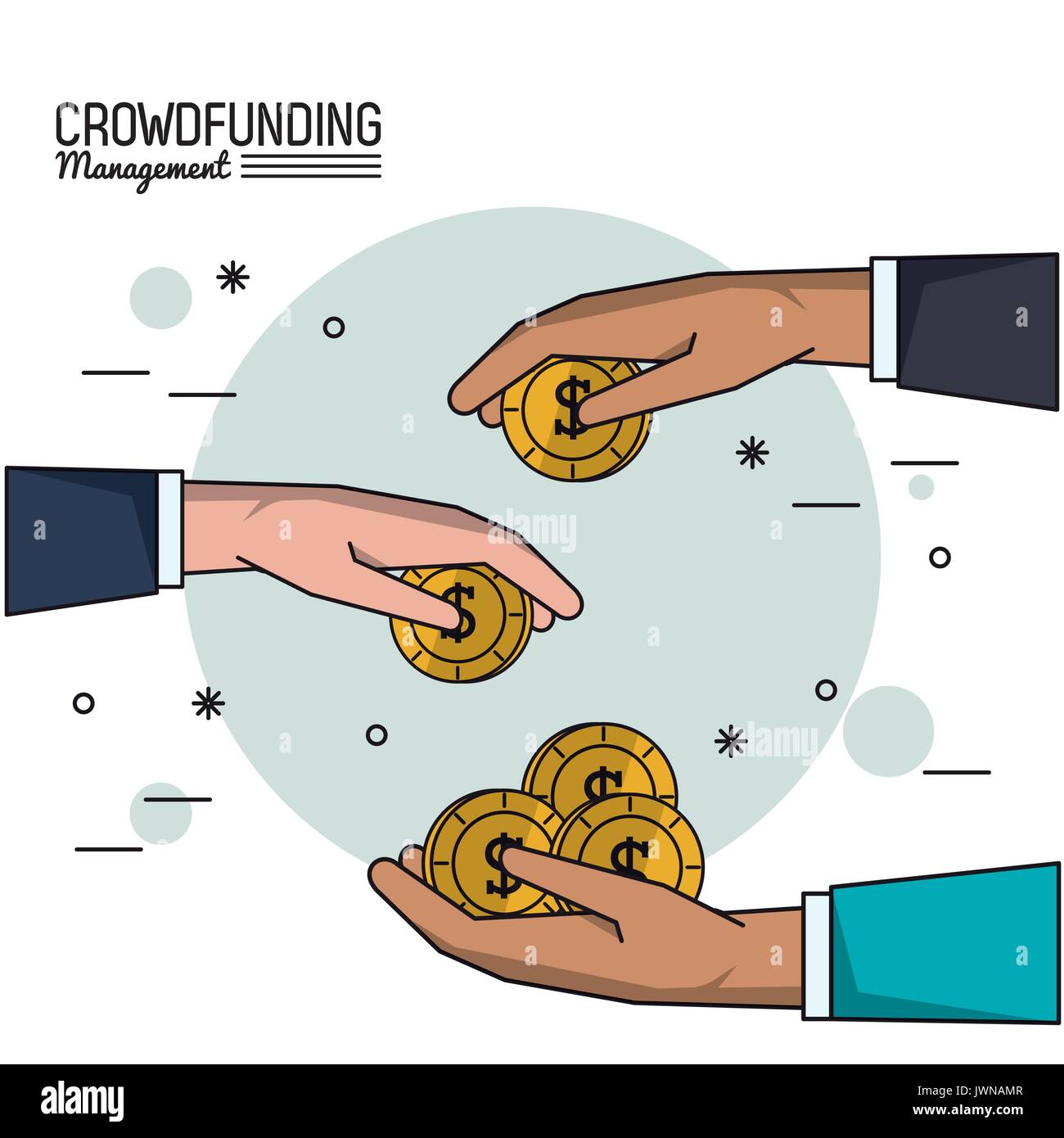 Buntes Plakat Crowdfunding Management mit Händen mit Geld Stock Vektor
