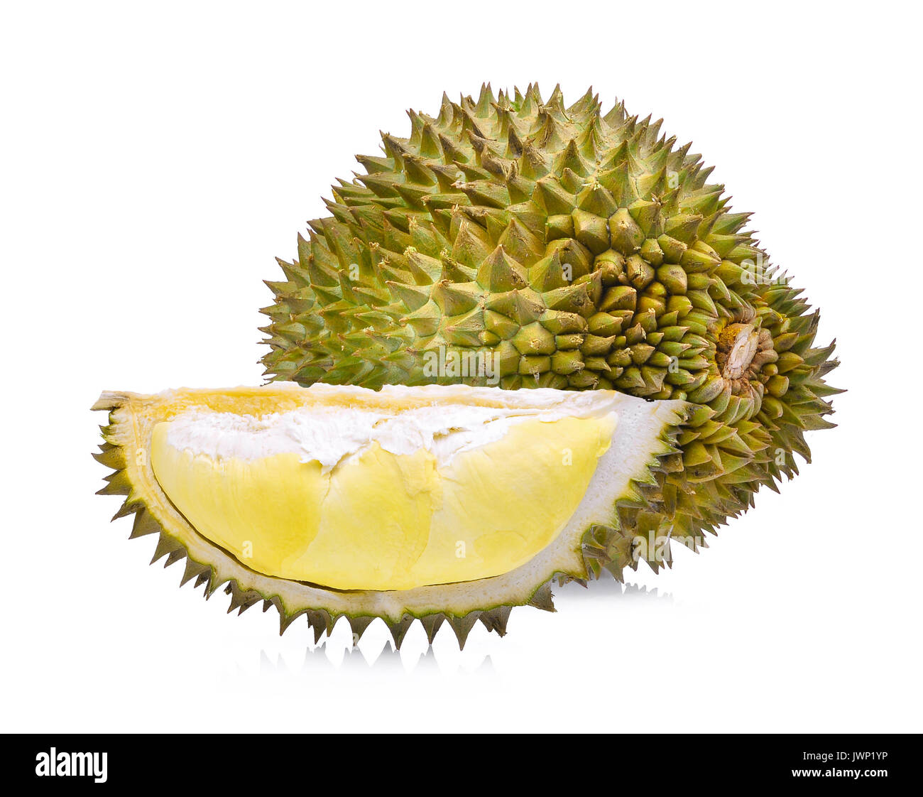 Gelbe Durian, Monthong Durian, König der Früchte, tropische Früchte auf weißem Hintergrund Stockfoto