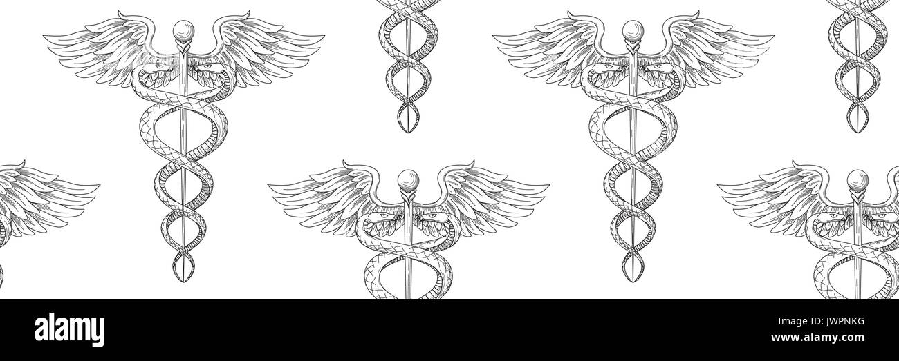 Nahtlose Muster von Cadeus Medizin Tiermedizin Apotheke Arzt acient Symbol. Vektor Hand gezeichnet Schwarz lineare tho Schlangen mit Flügeln Schwert Hintergrund. Gree Stock Vektor