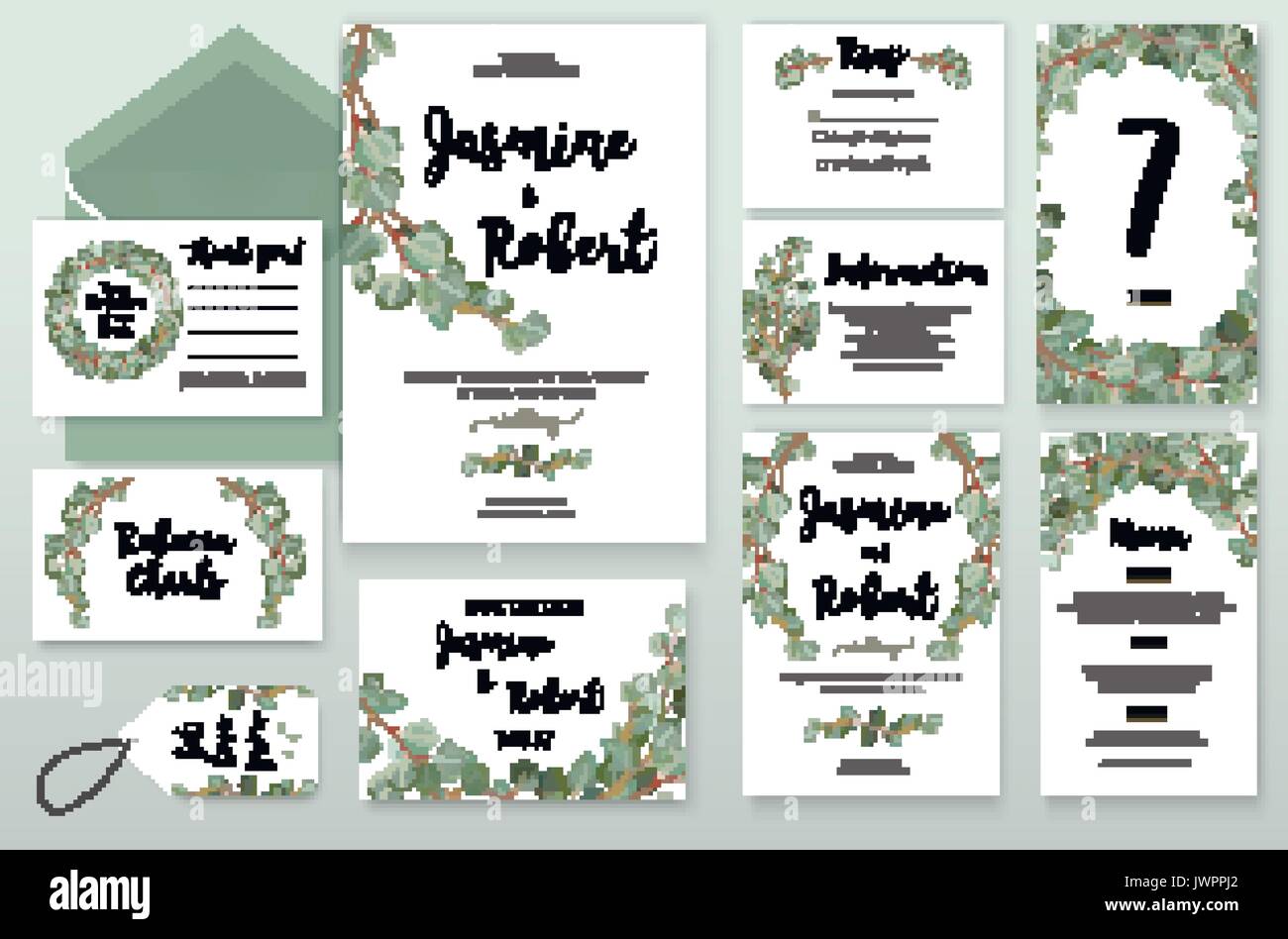 Hochzeit Einladung Einladungskarte Design mit Silber Eukalyptus grüne Zweige, Blätter Laub Zusammensetzung Kranz. Vektor botanische Vorlage Wald Roses Stock Vektor