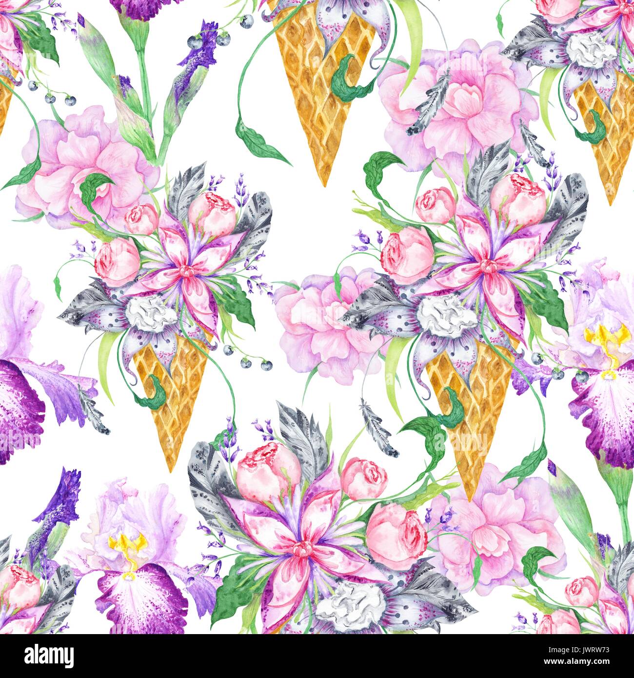 Nahtlose Hintergrund mit rosa Pfingstrose, Flieder und Iris Blumen und grauen Federn auf weißem Hintergrund Stockfoto