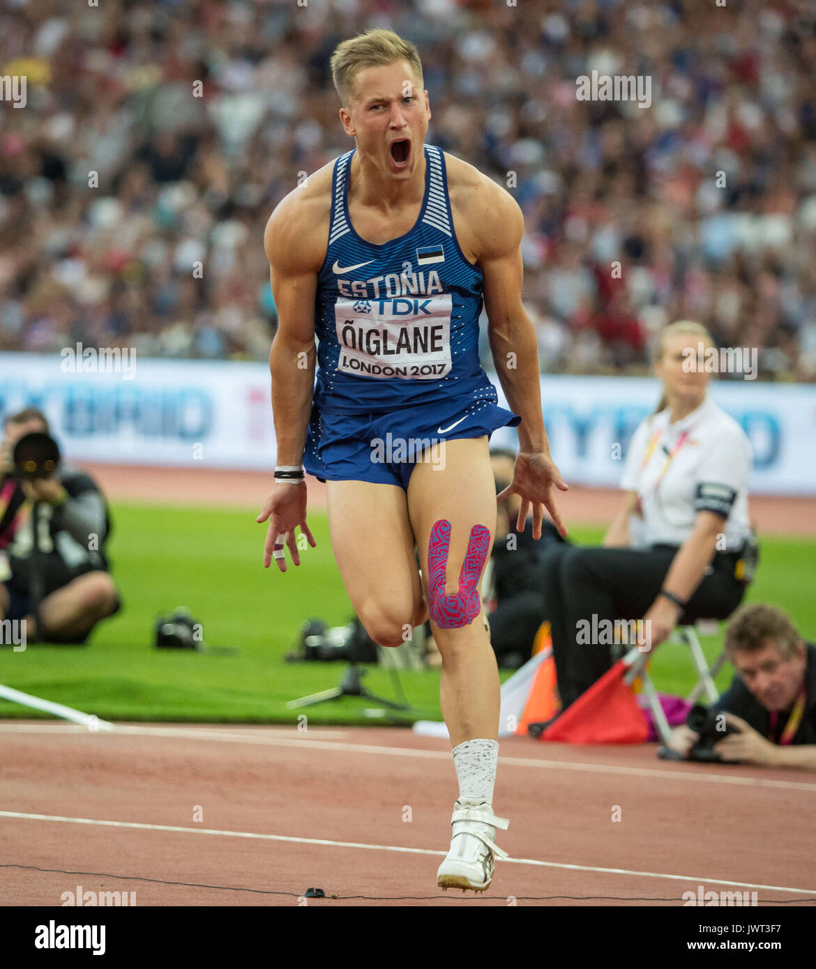 Janek OIGLANE von Estland feiert ein Wurf in der Männer; s Decathlon Javelin während der IAAF Leichtathletik WM 2017 am Tag 9 bei den Olympischen Stockfoto