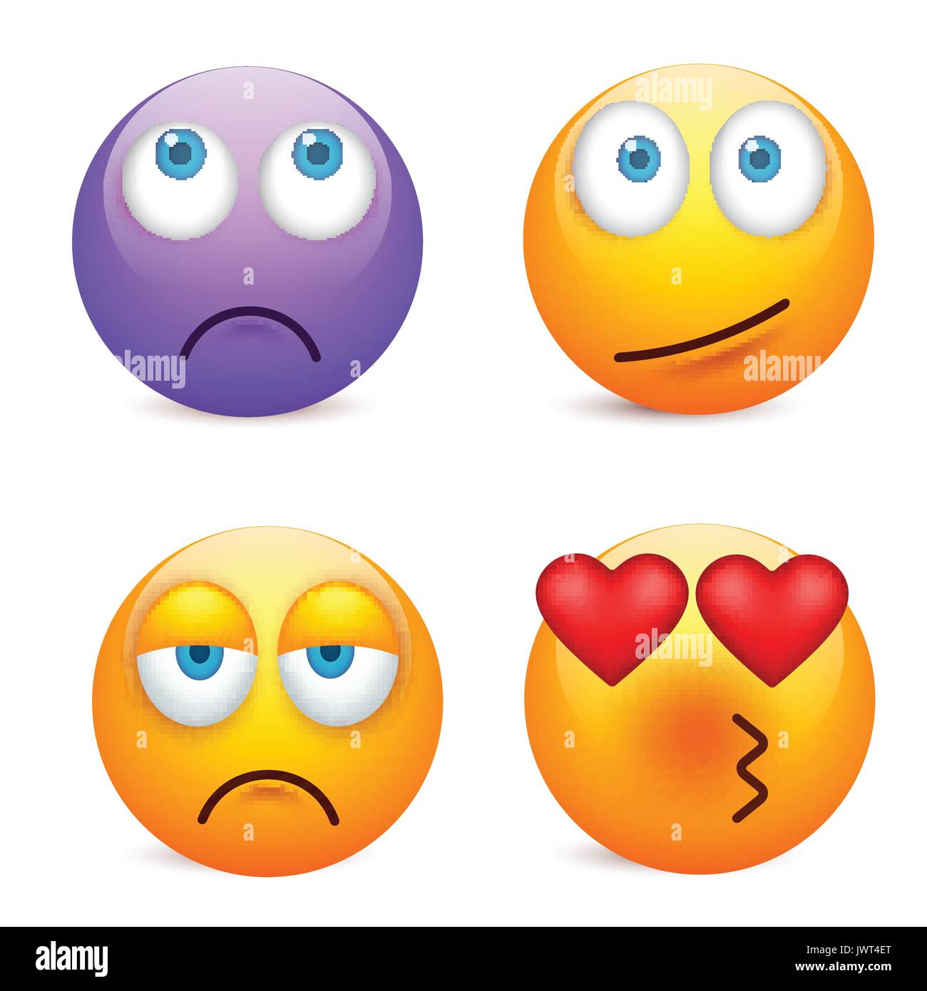 Smiley mit blauen Augen, Emoticon-Satz. Gelbes Gesicht mit Emotionen. Gesichtsausdruck. 3D realistisch Emoji. Traurig, glücklich, wütend Gesichter. Lustige Comic-Figur. Mood.Vector Abbildung. Stock Vektor