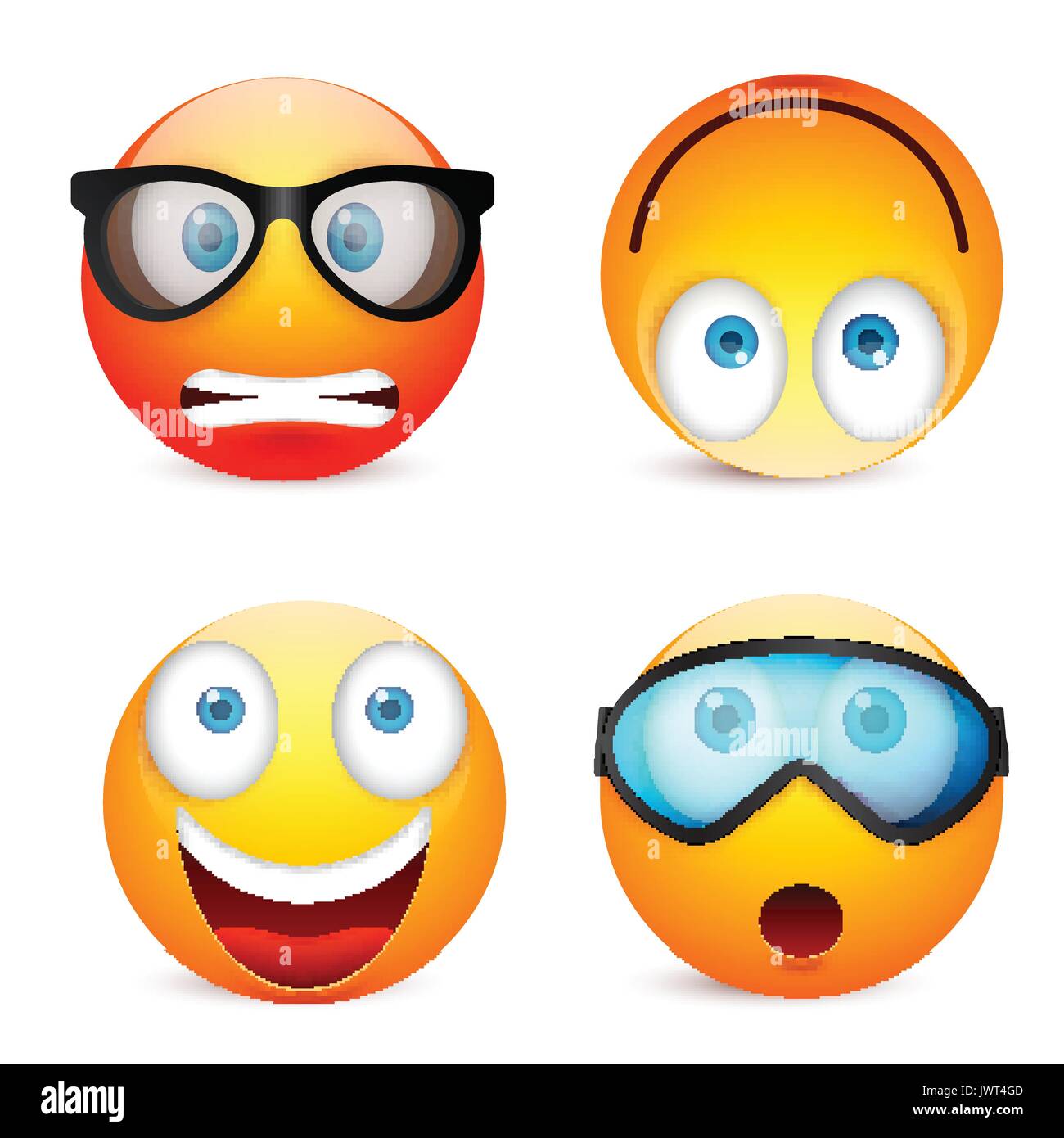 Smiley mit blauen Augen, Emoticon-Satz. Gelbes Gesicht mit Emotionen. Gesichtsausdruck. 3D realistisch Emoji. Traurig, glücklich, wütend Gesichter. Lustige Comic-Figur. Mood.Vector Abbildung. Stock Vektor