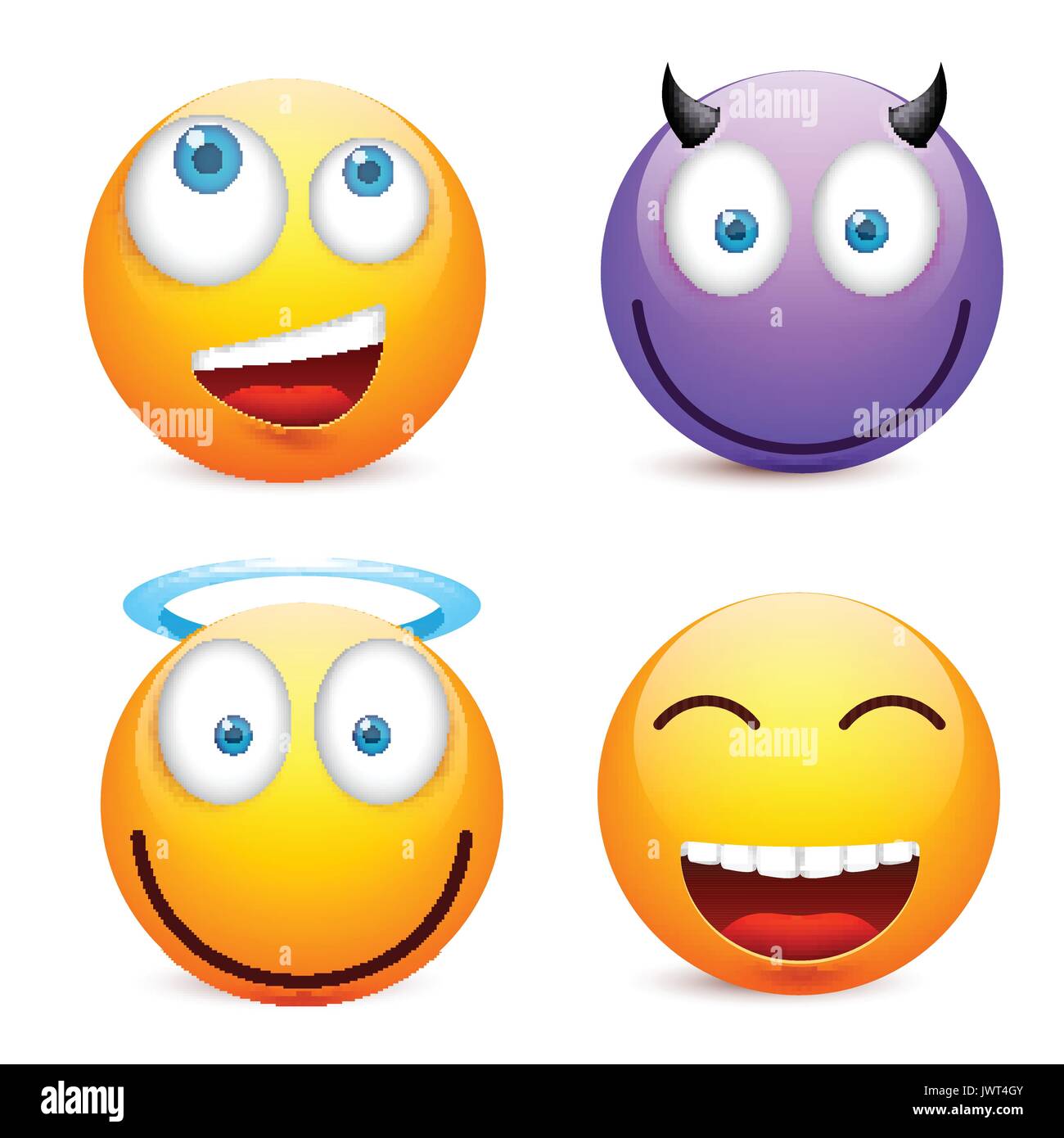 Smiley mit blauen Augen, Emoticon-Satz. Gelbes Gesicht mit Emotionen. Gesichtsausdruck. 3D realistisch Emoji. Traurig, glücklich, wütend Gesichter. Lustige Comic-Figur. Mood.Vector Abbildung. Stock Vektor