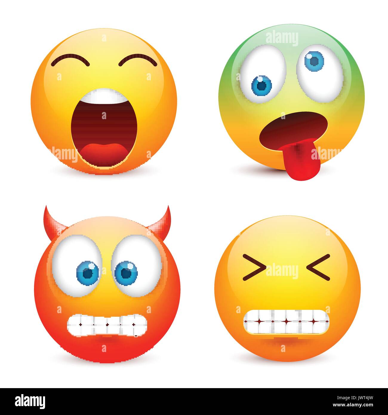 Smiley mit blauen Augen, Emoticon-Satz. Gelbes Gesicht mit Emotionen. Gesichtsausdruck. 3D realistisch Emoji. Traurig, glücklich, wütend Gesichter. Lustige Comic-Figur. Mood.Vector Abbildung. Stock Vektor