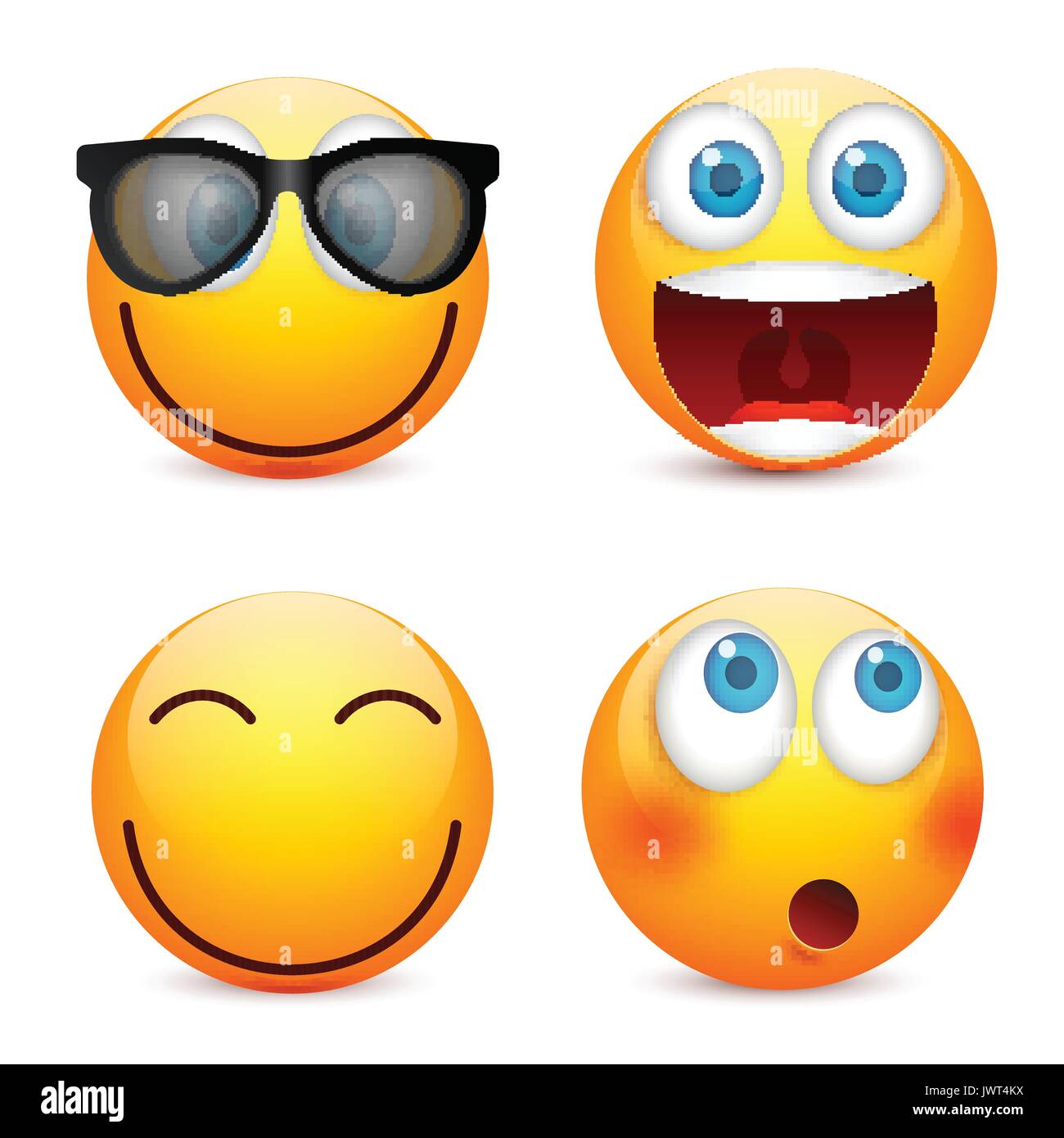 Smiley mit blauen Augen, Emoticon-Satz. Gelbes Gesicht mit Emotionen. Gesichtsausdruck. 3D realistisch Emoji. Traurig, glücklich, wütend Gesichter. Lustige Comic-Figur. Mood.Vector Abbildung. Stock Vektor