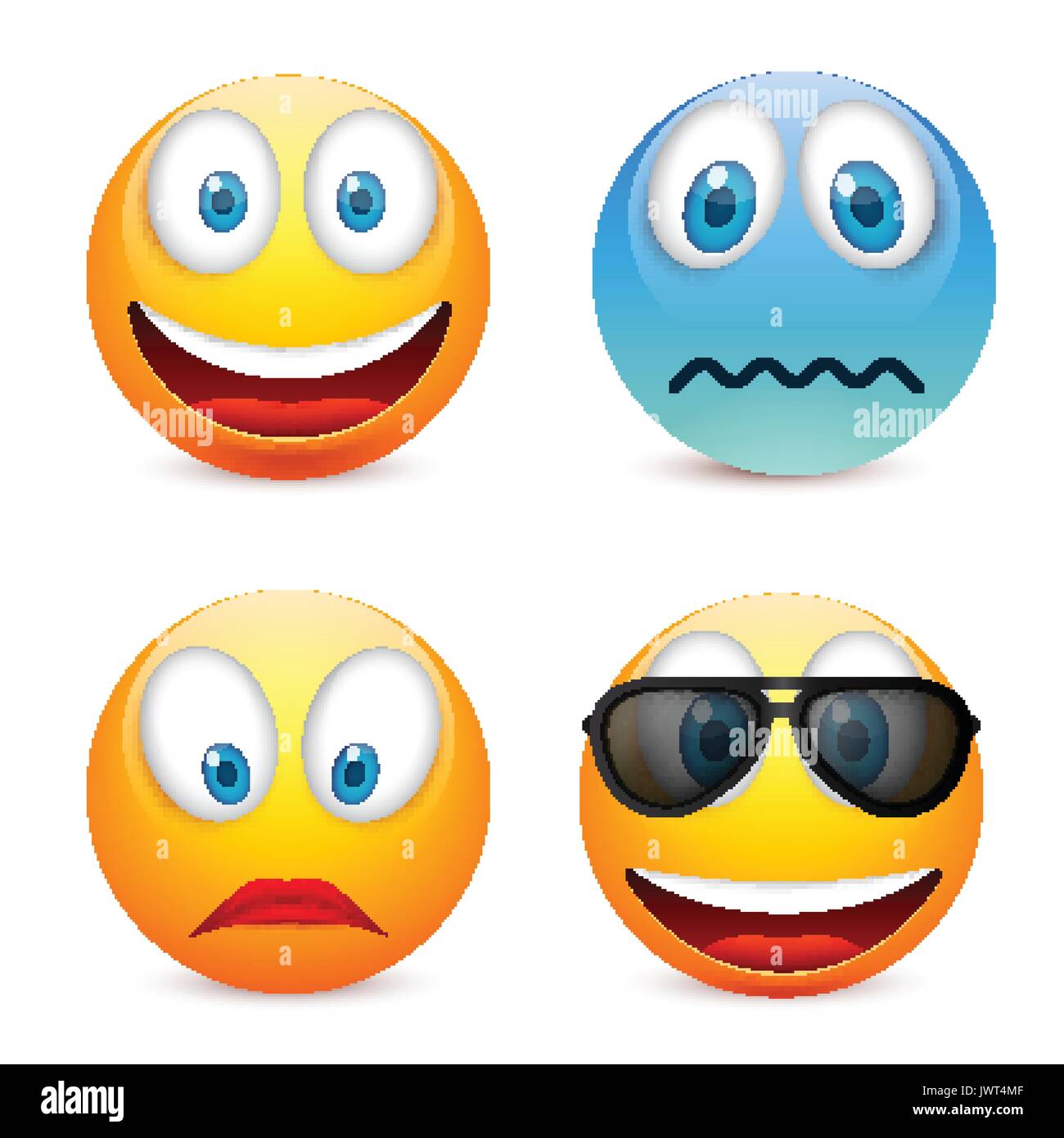 Smiley mit blauen Augen, Emoticon-Satz. Gelbes Gesicht mit Emotionen. Gesichtsausdruck. 3D realistisch Emoji. Traurig, glücklich, wütend Gesichter. Lustige Comic-Figur. Mood.Vector Abbildung. Stock Vektor