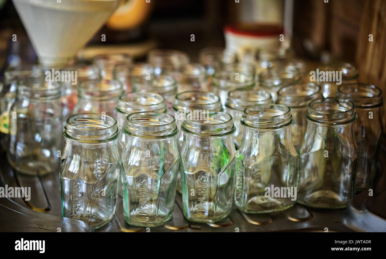 Große Anzahl der saubere, sterile Gläser ohne Deckel trocknen vor der Befuellung mit bewahren Stockfoto