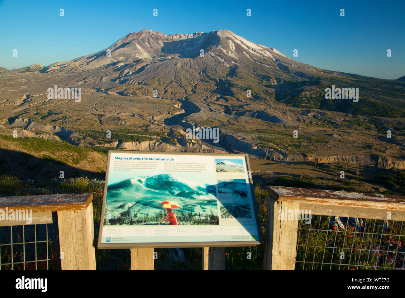Mt St Helens mit interpretierenden Board von Johnston Ridge, Spirit Lake Memorial Highway, Mt St Helens National Volcanic Monument, Washington Stockfoto