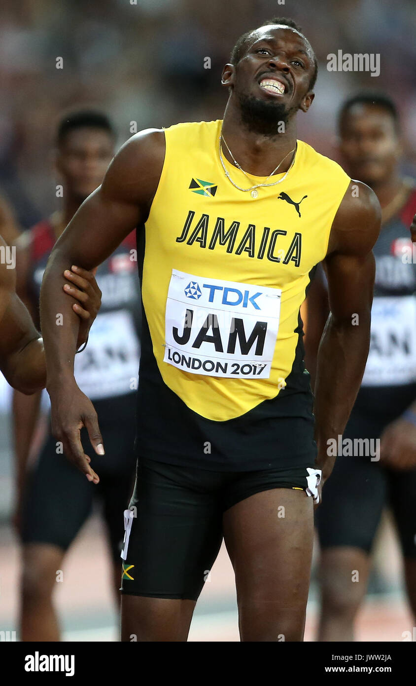 Usain Bolt ist im letzten Rennen 4 X 100 m Final Leichtathletik WM 2017 London Stam, London, England, 12. August 2017 Credit: Allstar Bildarchiv/Alamy Leben Nachrichten verletzt Stockfoto