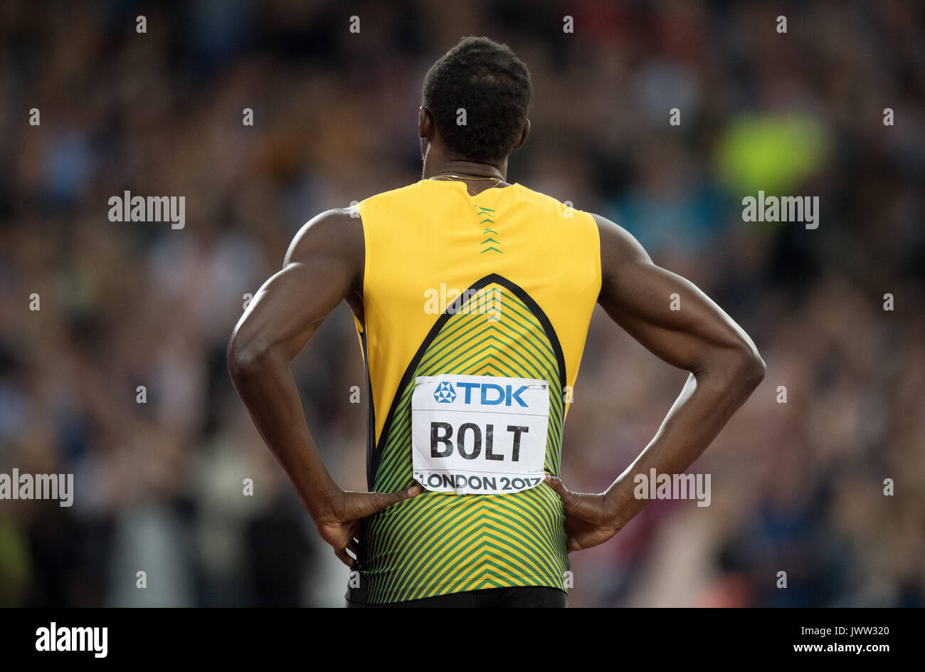 London, Großbritannien. 13 Aug, 2017. Sprinter Usain Bolt aus Jamaika kann an das letzte Rennen der 4 x 100-Meter-Staffel bei der IAAF Leichtathletik WM 2017 in London in London, Großbritannien, 13. August 2017. Foto: Rainer Jensen/dpa/Alamy leben Nachrichten Stockfoto