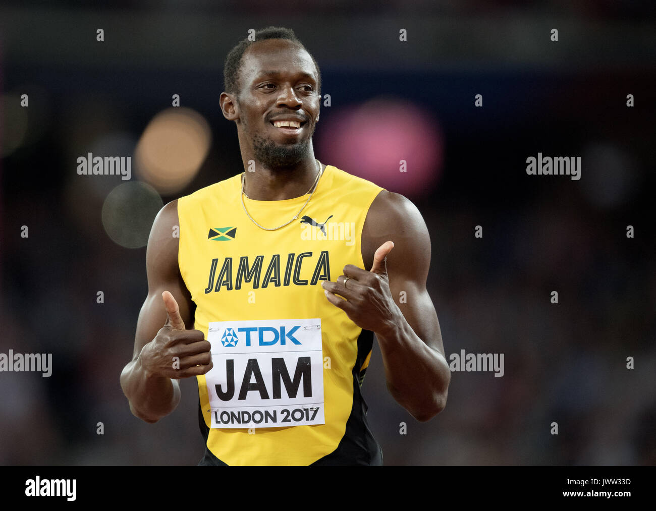 London, Großbritannien. 13 Aug, 2017. Sprinter Usain Bolt aus Jamaika kann an das letzte Rennen der 4 x 100-Meter-Staffel bei der IAAF Leichtathletik WM 2017 in London in London, Großbritannien, 13. August 2017. Foto: Rainer Jensen/dpa/Alamy leben Nachrichten Stockfoto