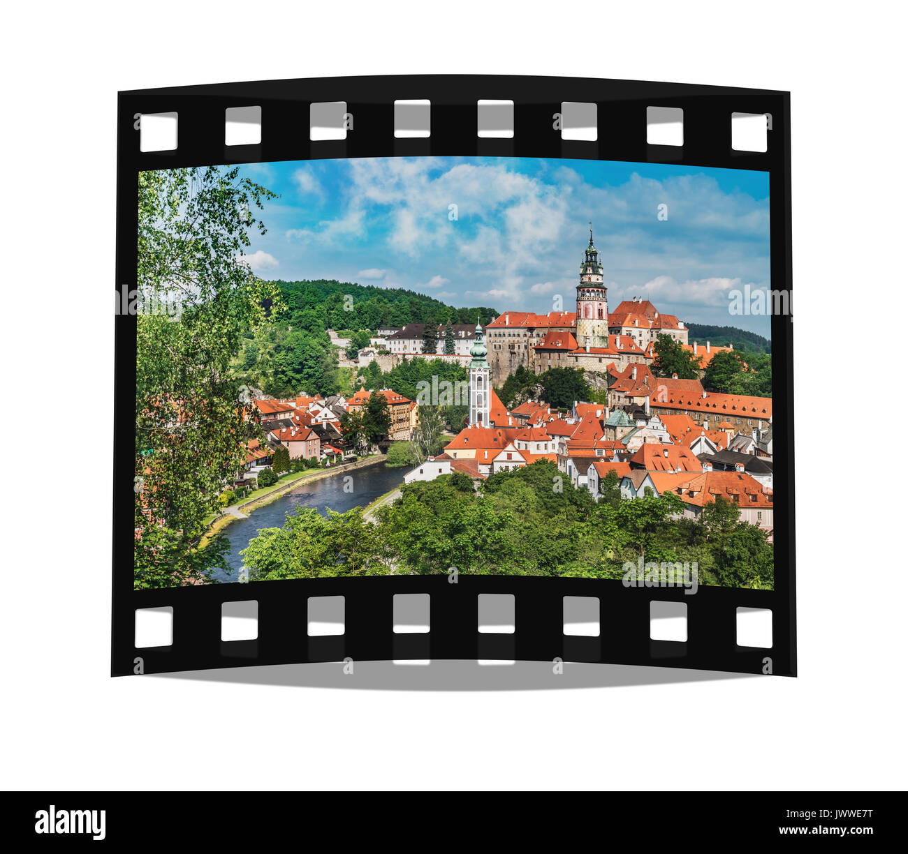 Blick auf die Altstadt von Chesky Krumlov, das Schloss Chesky Krumlov, St. Jost Kirche und Moldau, Böhmen, Jihocesky Kraj, Tschechische Republik, Europa Stockfoto