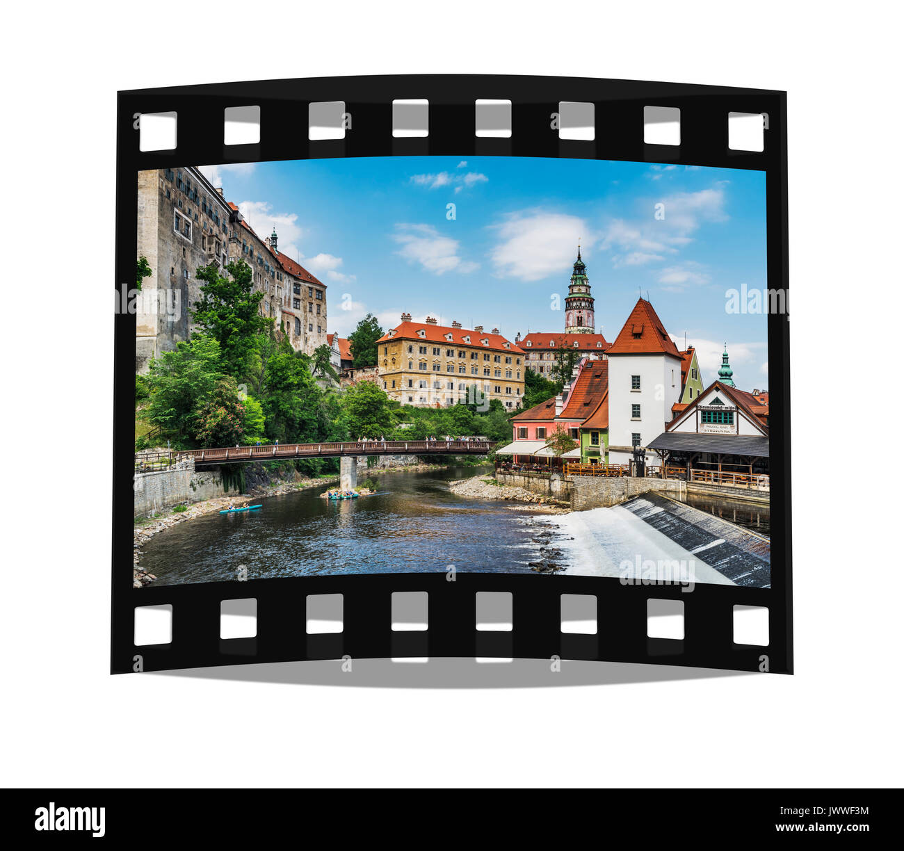 Blick auf die Altstadt von Chesky Krumlov, das Schloss Chesky Krumlov und die Moldau in Böhmen, Jihocesky Kraj, Tschechische Republik, Europa Stockfoto