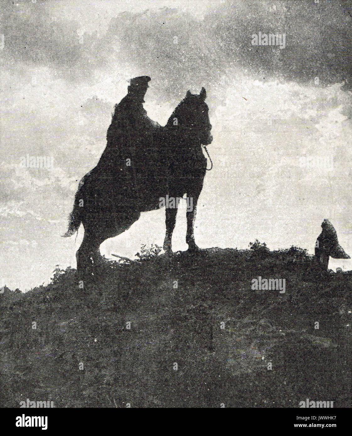 Silhouette, Einsame kavallerist an der Somme, WW1 Stockfoto