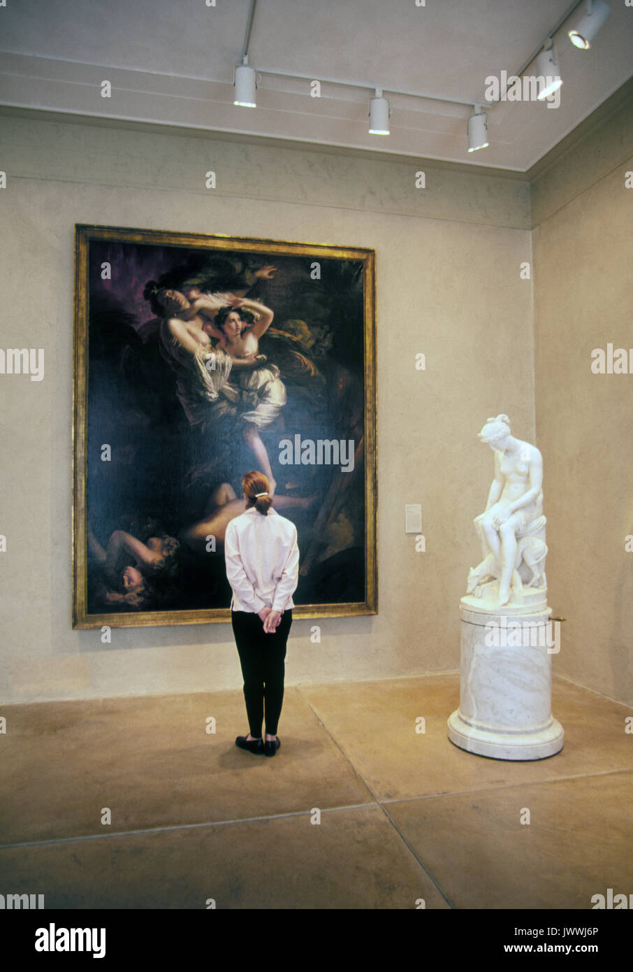 Ein Besucher steht vor einem großen klassischen Gemälde von einer der großen Meister in einer Galerie in der philladelphia Museum der Kunst, Philladelphia, Pe Stockfoto