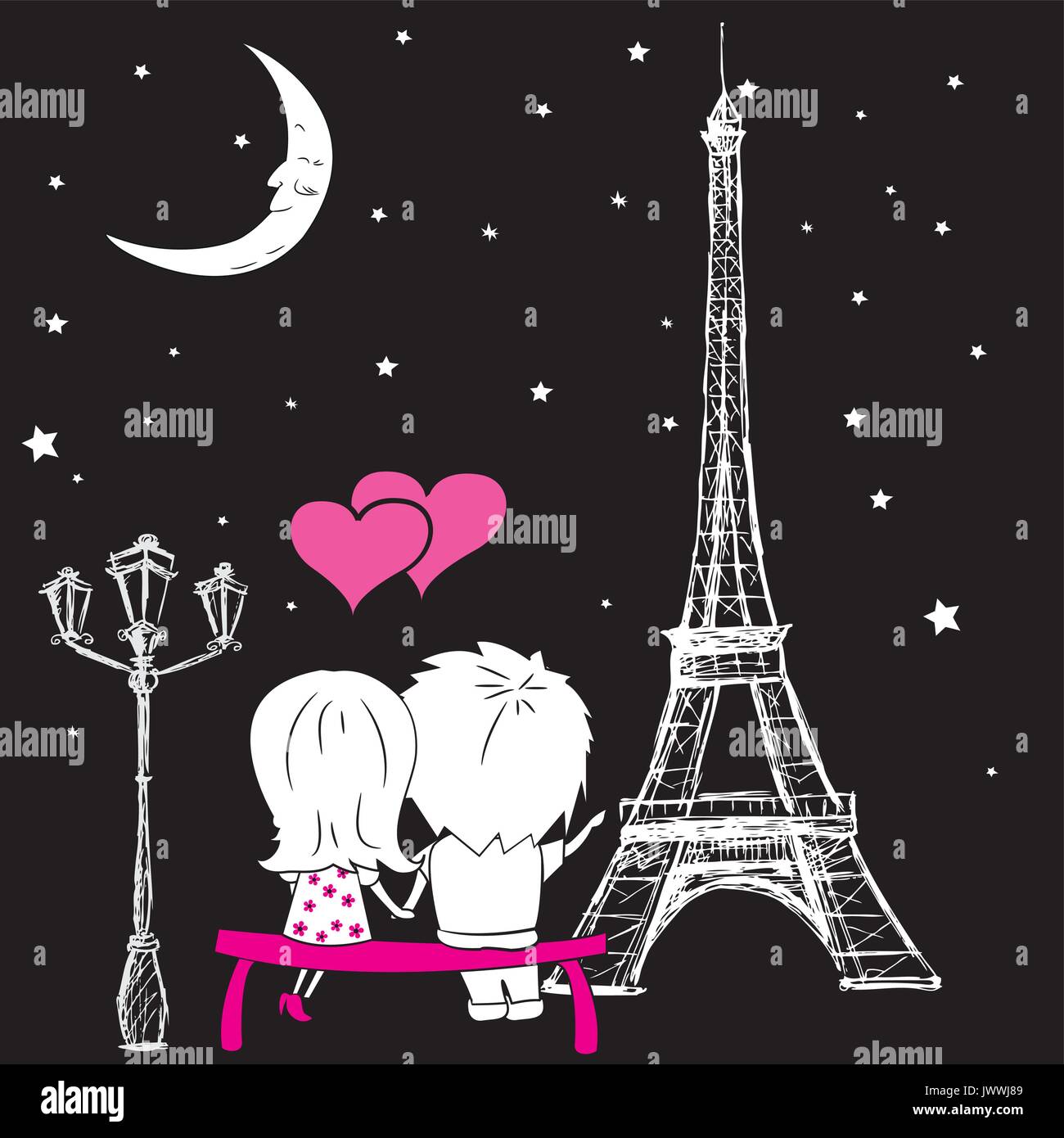 Paar auf einer Bank sitzen und Blick auf den Eiffelturm in den Nachthimmel, Vektor Stock Vektor