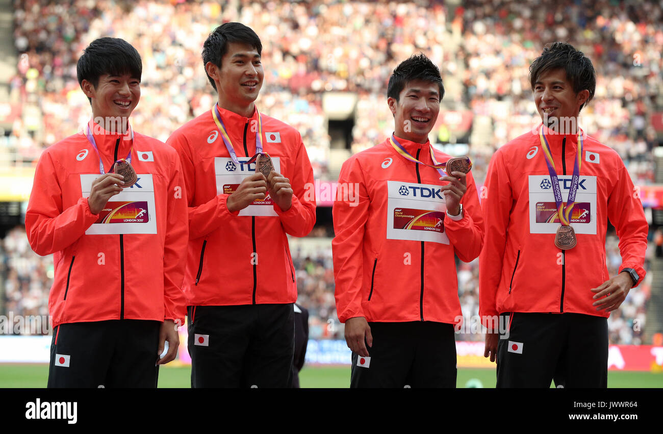 Die Japaner Shuhei Tada, Shota Iizuka, Yoshihide Kiryu und Kenji Fujimitsu (Bronze) auf dem Podium für den 4x100-m-Staffellauf der Männer während des 10. Tages der IAAF-Weltmeisterschaft 2017 im Londoner Stadion. DRÜCKEN SIE VERBANDSFOTO. Bilddatum: Sonntag, 13. August 2017. Siehe PA Story ATHLETICS World. Das Foto sollte lauten: Jonathan Brady/PA Wire. Stockfoto