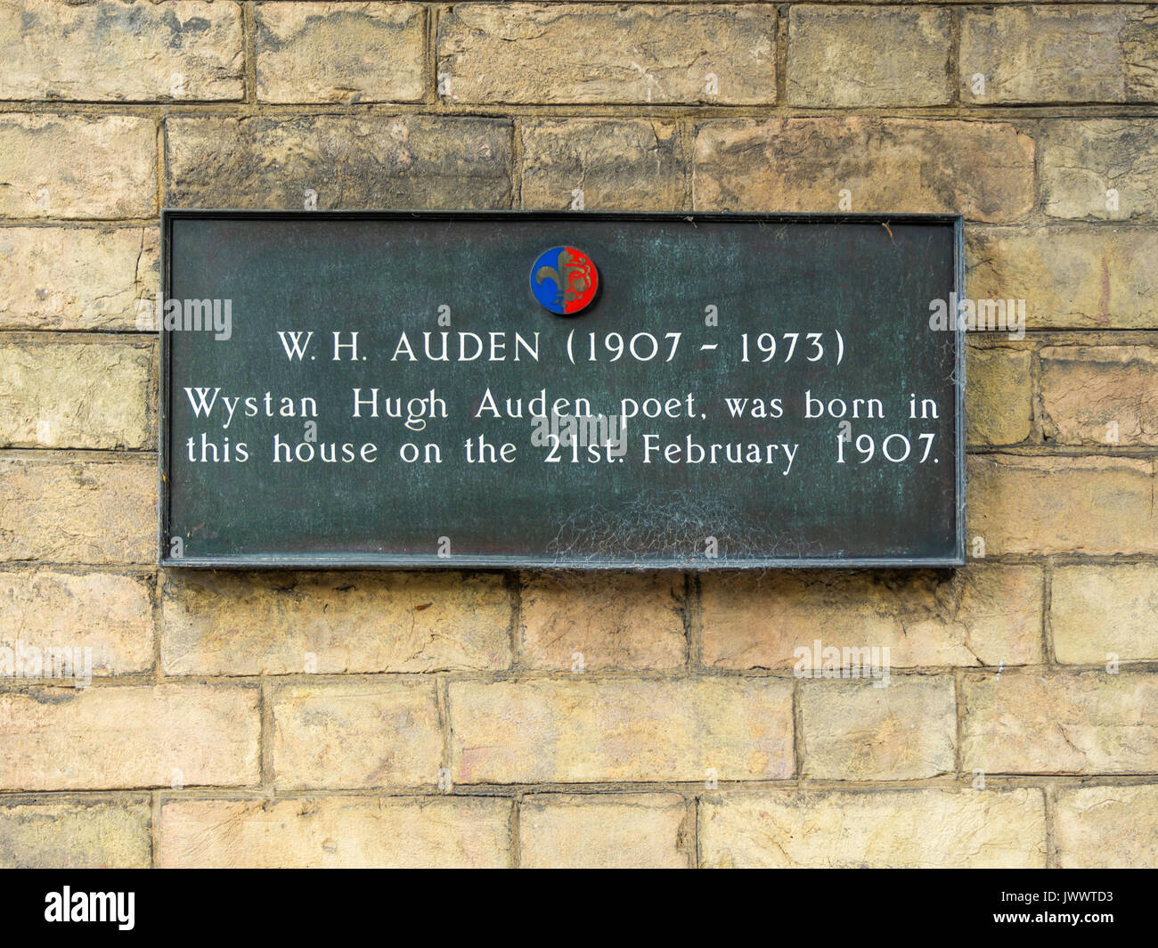 Gedenktafel zur Erinnerung an die Geburtsstätte der verehrte Dichter Wystan Hugh Auden 1907 - 1973 bei 54 Bootham York Stockfoto