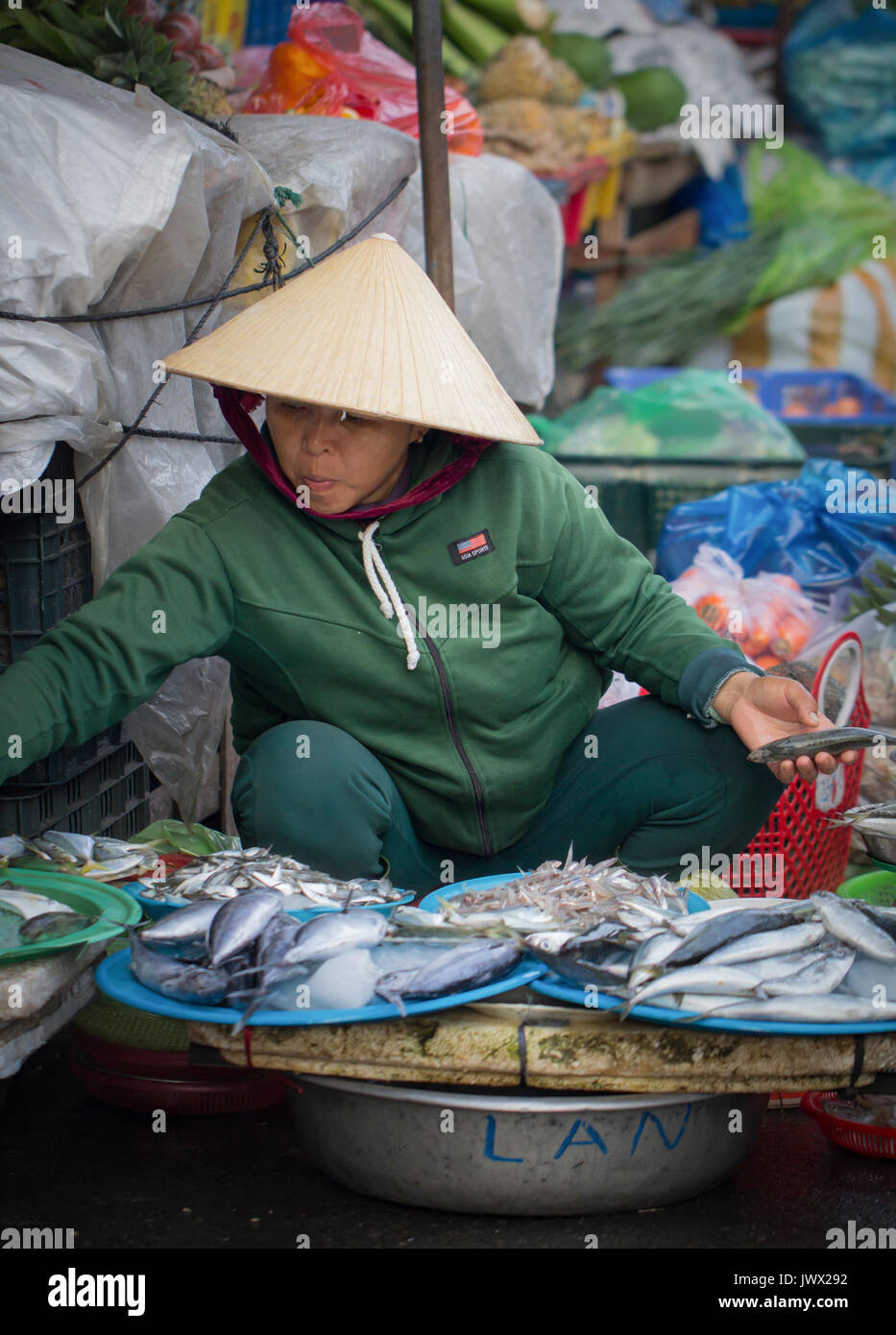 Saigon, Vietnam - 30. Juni 2017: Frau verkaufen Fische auf dem Markt, Saigon, Vietnam. Stockfoto