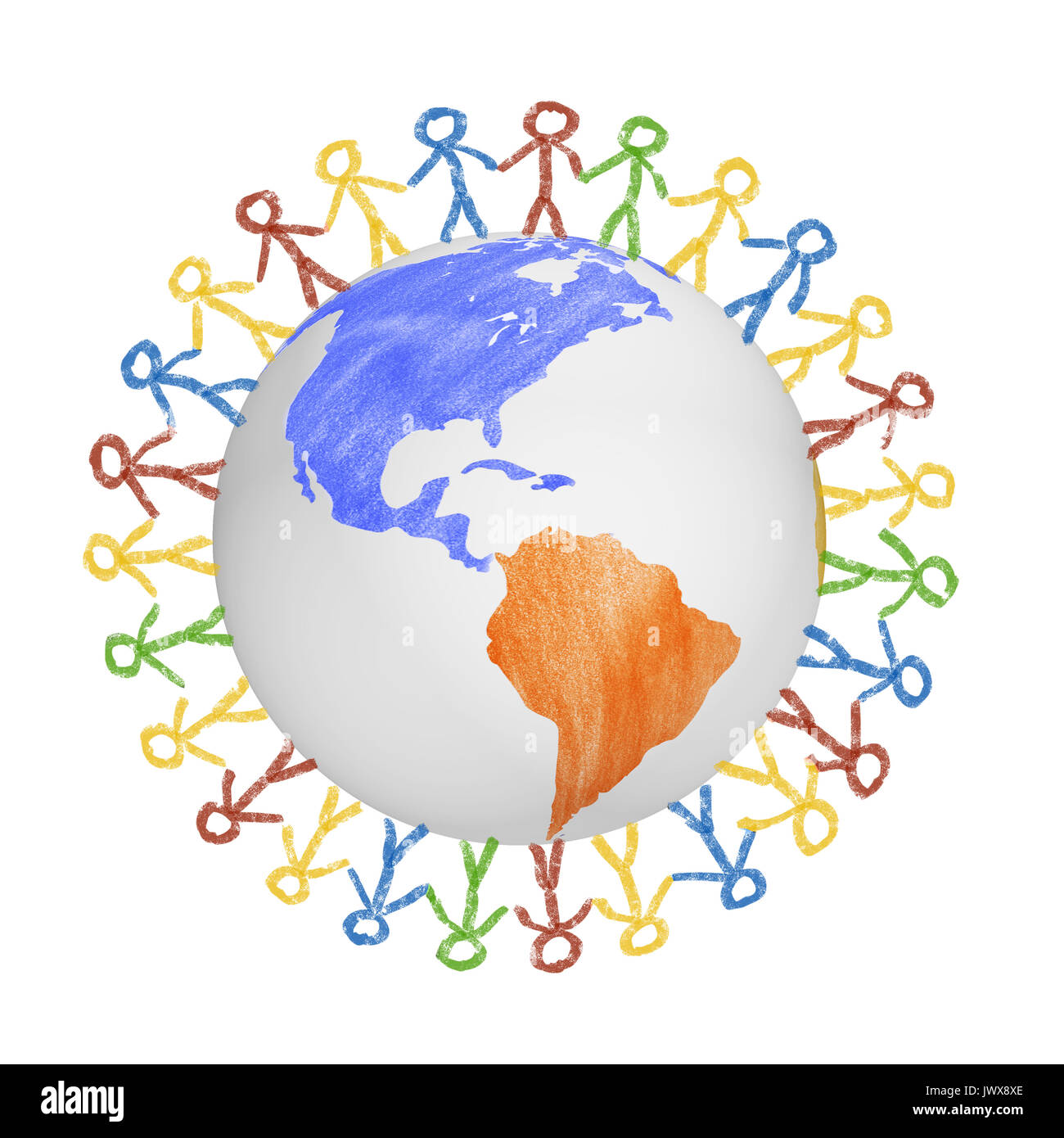 3D-Globus mit dem Blick auf Amerika mit gezogenen Menschen halten sich an den Händen. Konzept für Freundschaft, Globalisierung, Kommunikation und Vielfalt Stockfoto