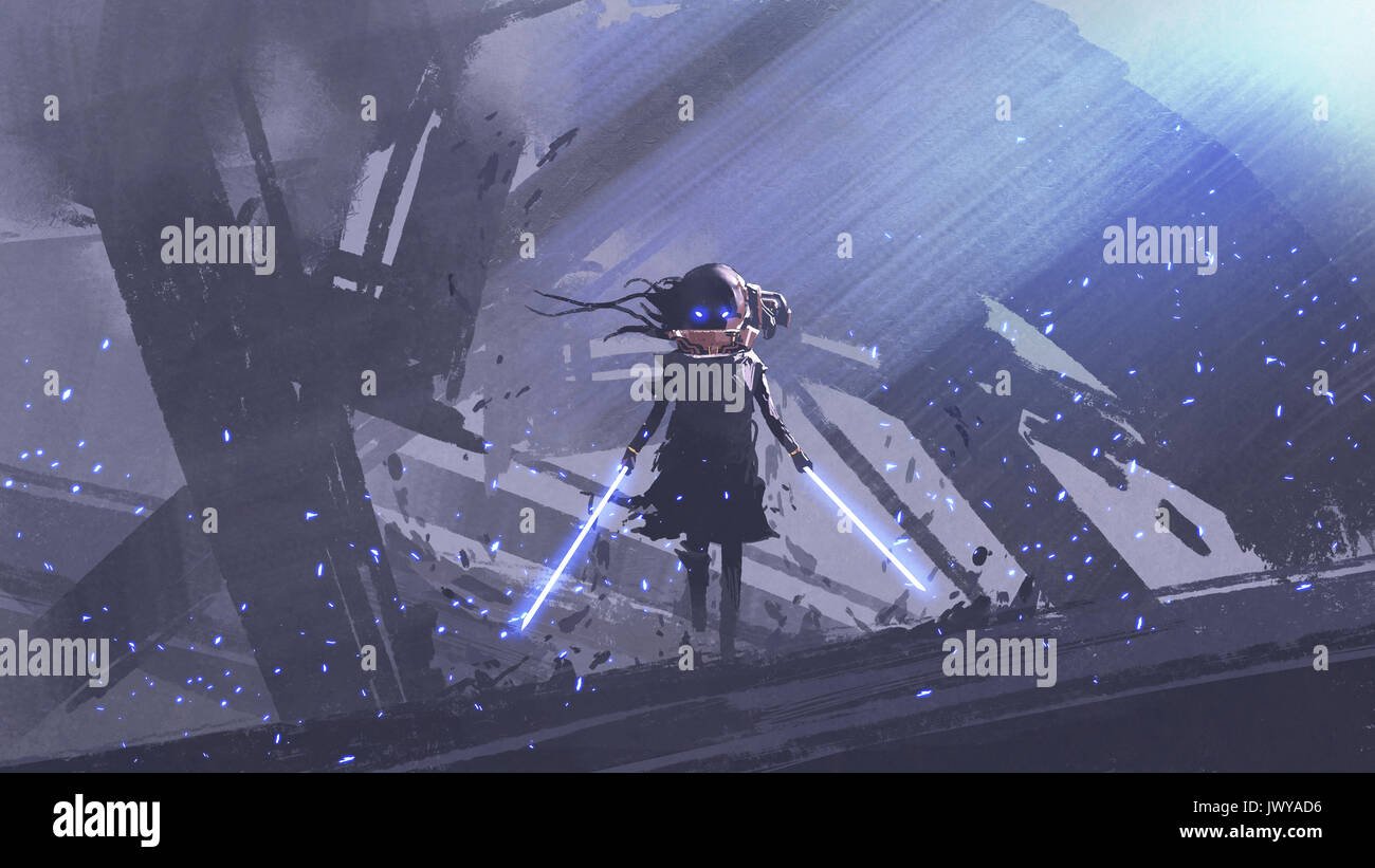 Wenig futuristische Ritter mit zwei Schwertern gegen Gebäude Hintergrund, digital art Stil, Illustration Malerei Stockfoto