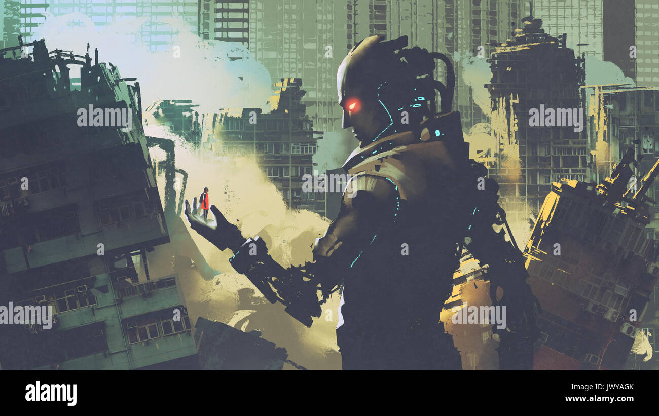 Riesigen futuristischen Roboter an Frau auf seine Hand in apokalyptischen Stadt suchen, digital art Stil, Illustration Malerei Stockfoto